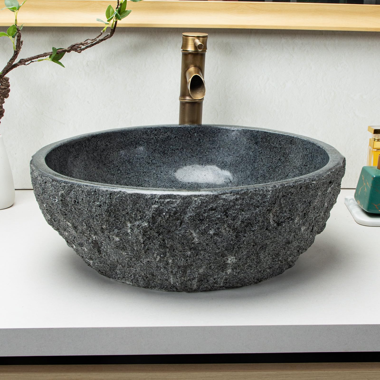 100% Pure Hand Carved Surface Bathroom Sinks - Dark Gray Stone