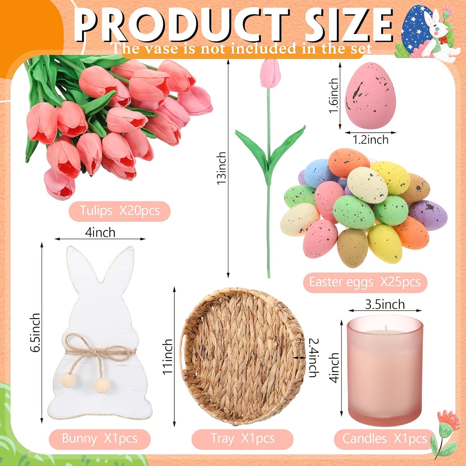 Novabright Spring Easter Centerpiece Table Decorations Pastel Eggs Artificial Tulips Wooden Bunny Statue Basket Tray Bowl for Easter Farmhouse Decor for Coffee Table Kitchen Living Room