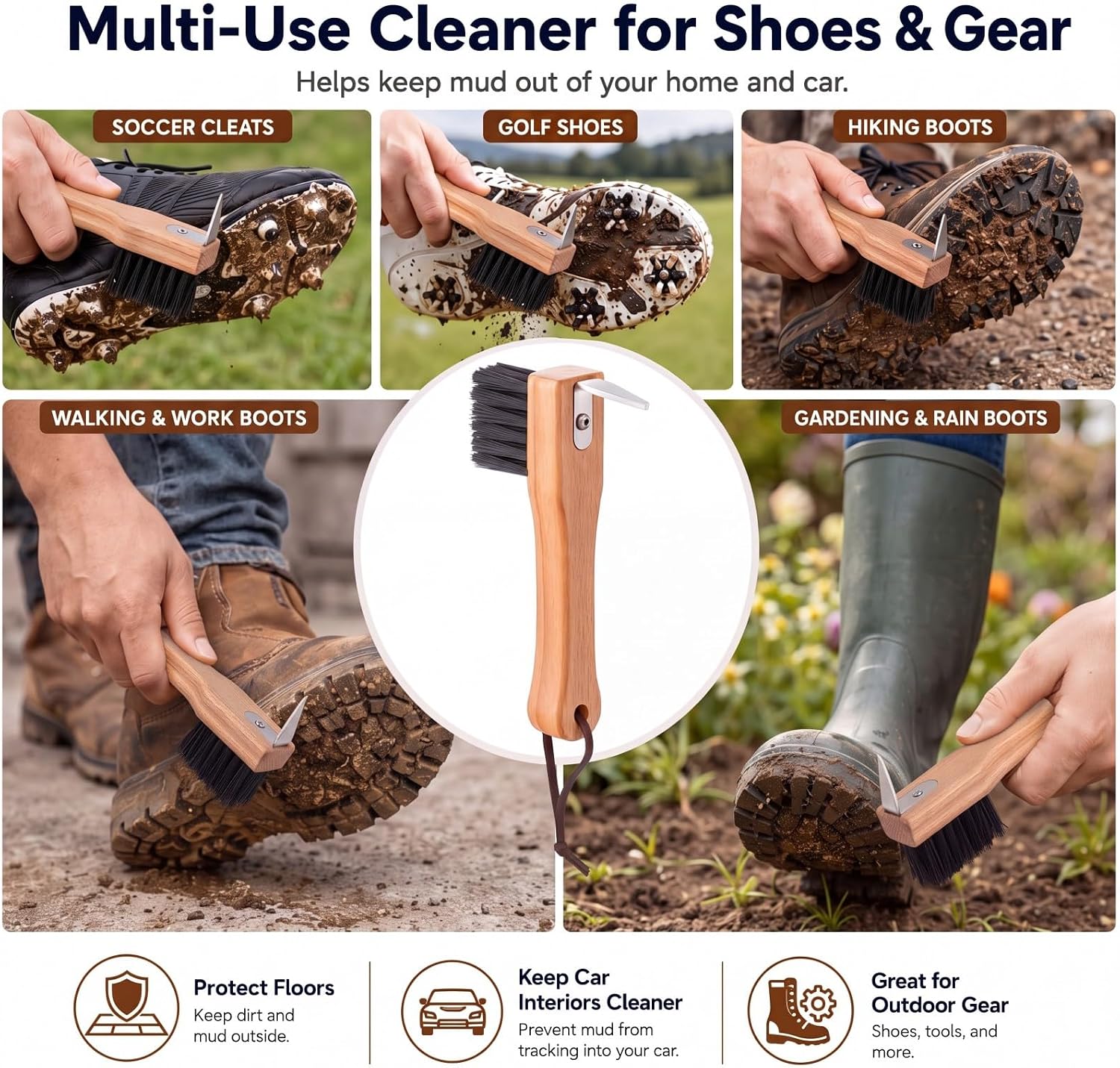 2 Pcs Handheld Shoe Sole Mud Brush with Pick Heavy Duty Stiff Bristles Cleat Scraper Wood Boot Brush for Bottom Mud Remover for Golf Soccer Hiking Boots Farm Outdoor Footwear