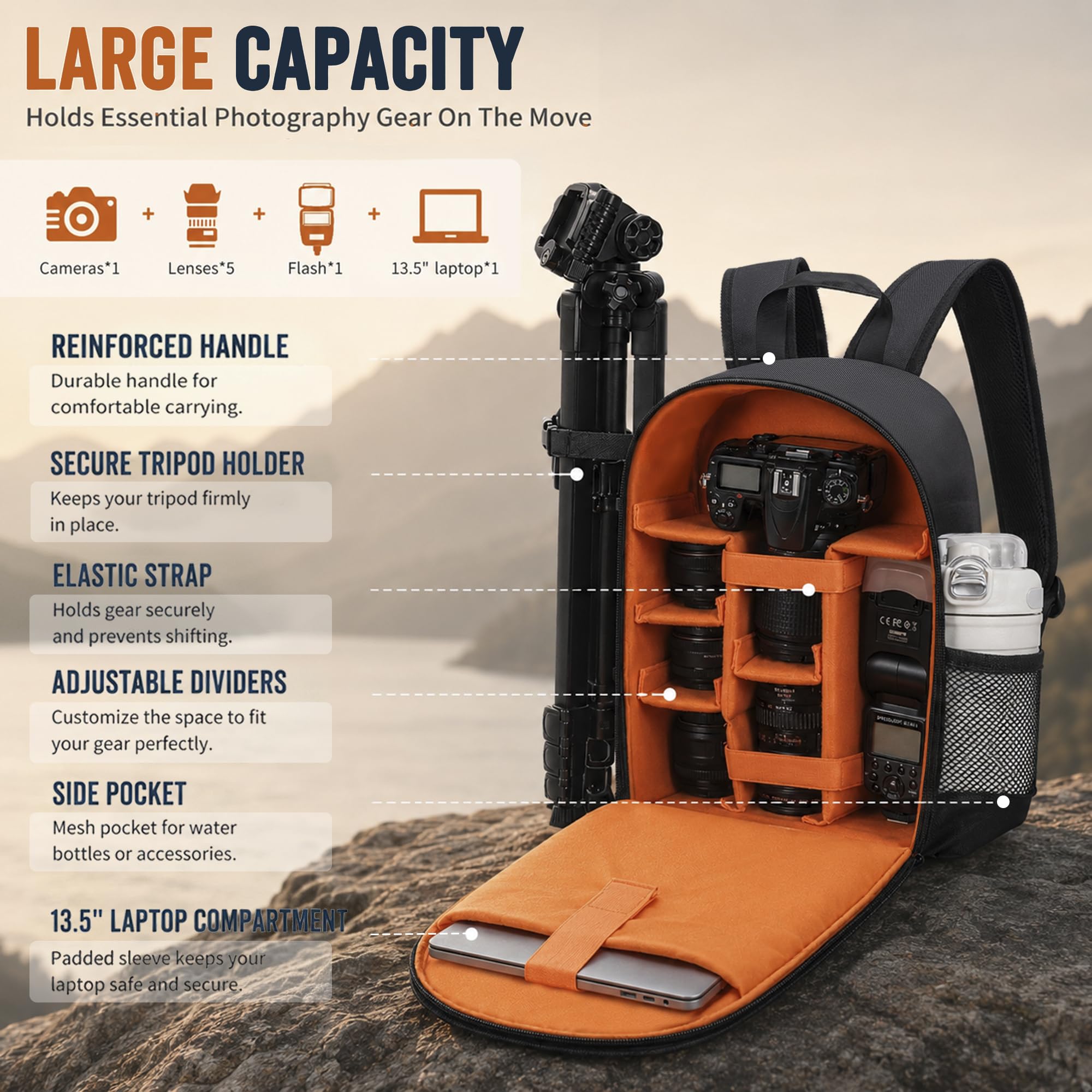 Kamerarucksack ，Für DSLR/SLR spiegellose Kamera，Schwarz-Orange (S) | Stativhalterung, Wasserdicht, Anti-Diebstahl, Für DSLR/SLR spiegellose Kamera