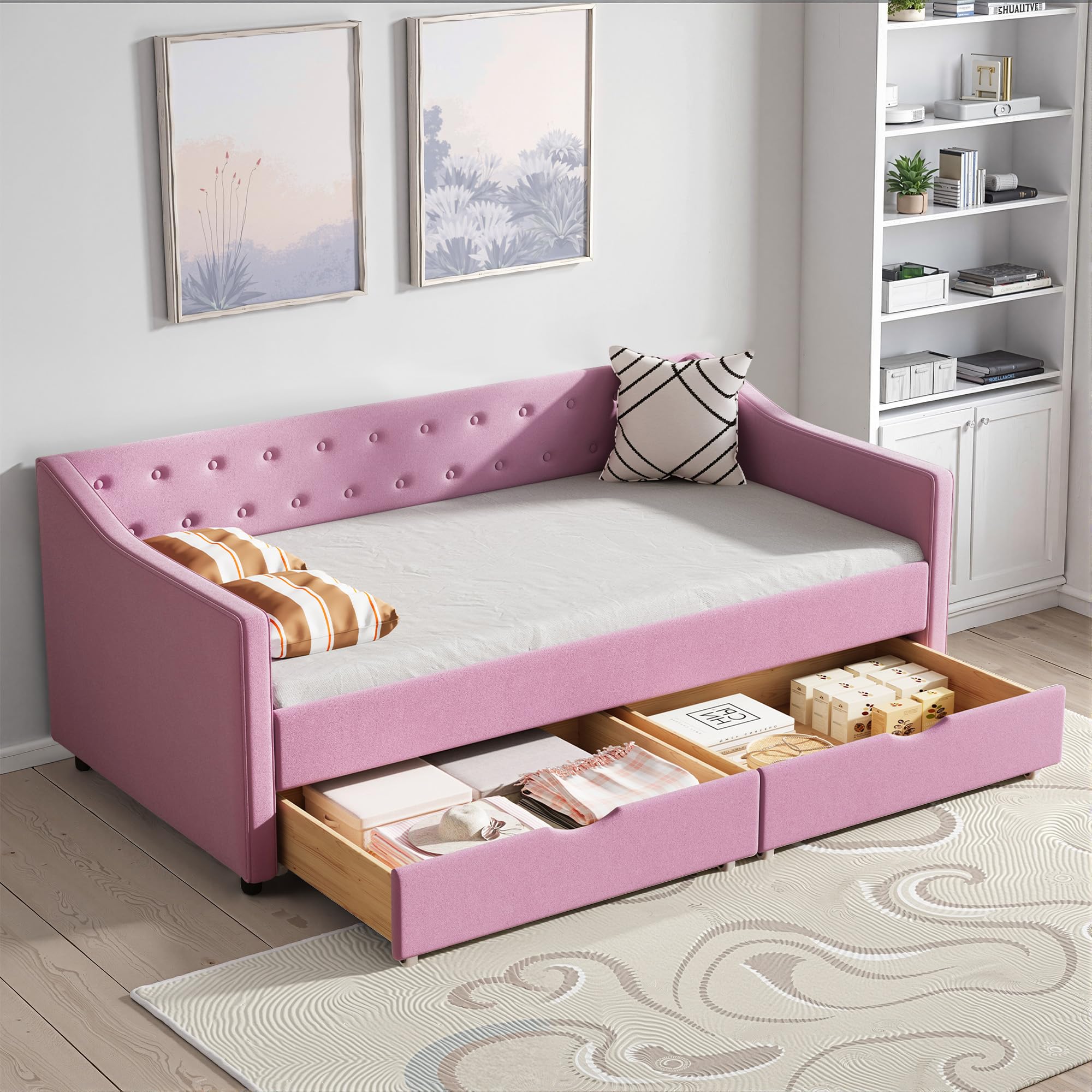 Casaphoria Sofa Daybed with 2 Storage Drawers, Velvet Fabric Upholstered Daybed Frame w/Wave Shape Arms, Heavy Duty Sofa Bed for Bedroom or Living