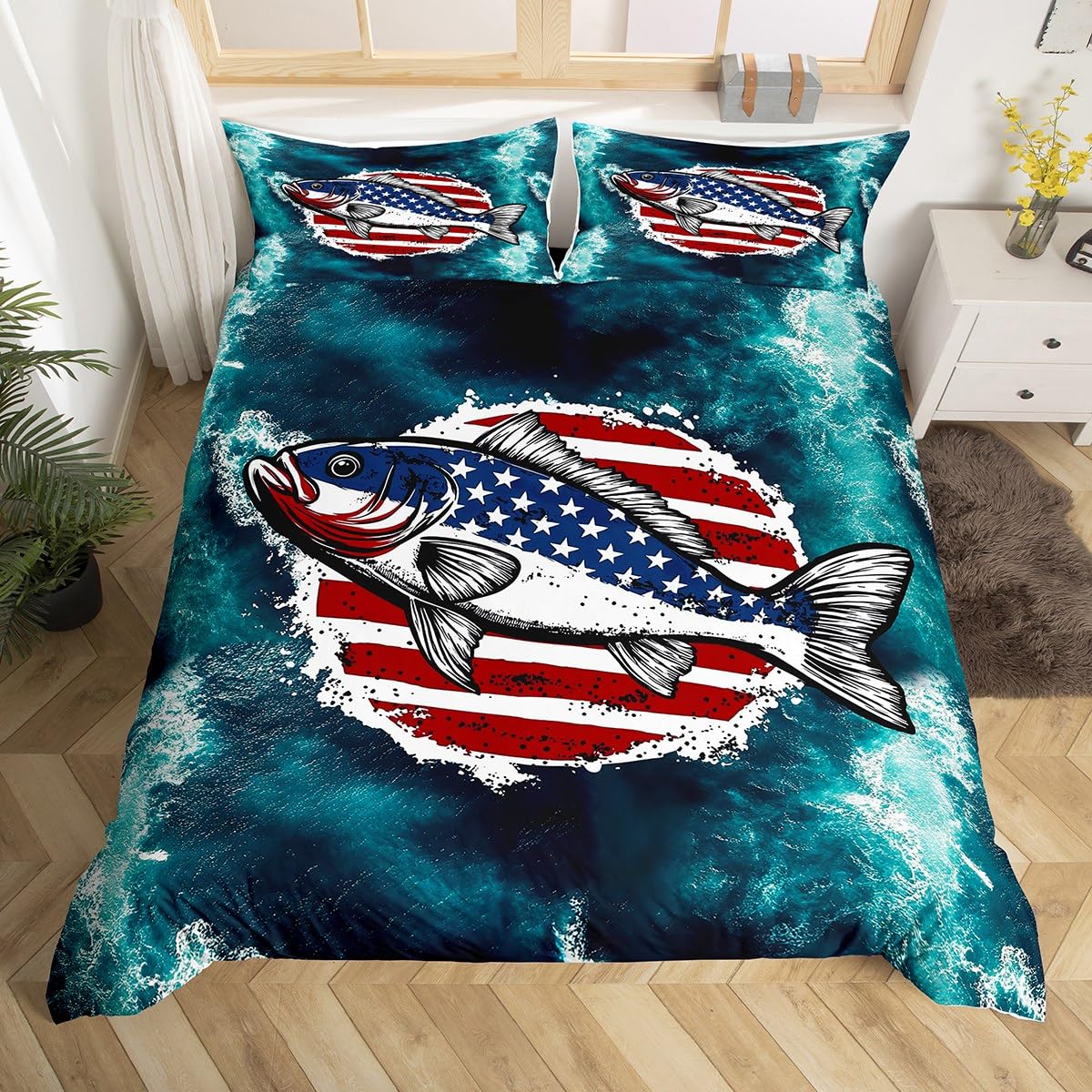 Bass Big Fish Duvet Cover Pike Fish Bedding Set for Kids Boys Girls Teens Room Decor Fishing and Hunting Comforter Cover Double Size American Flag 3Pcs Zipper Breathable Soft Microfiber — image 1