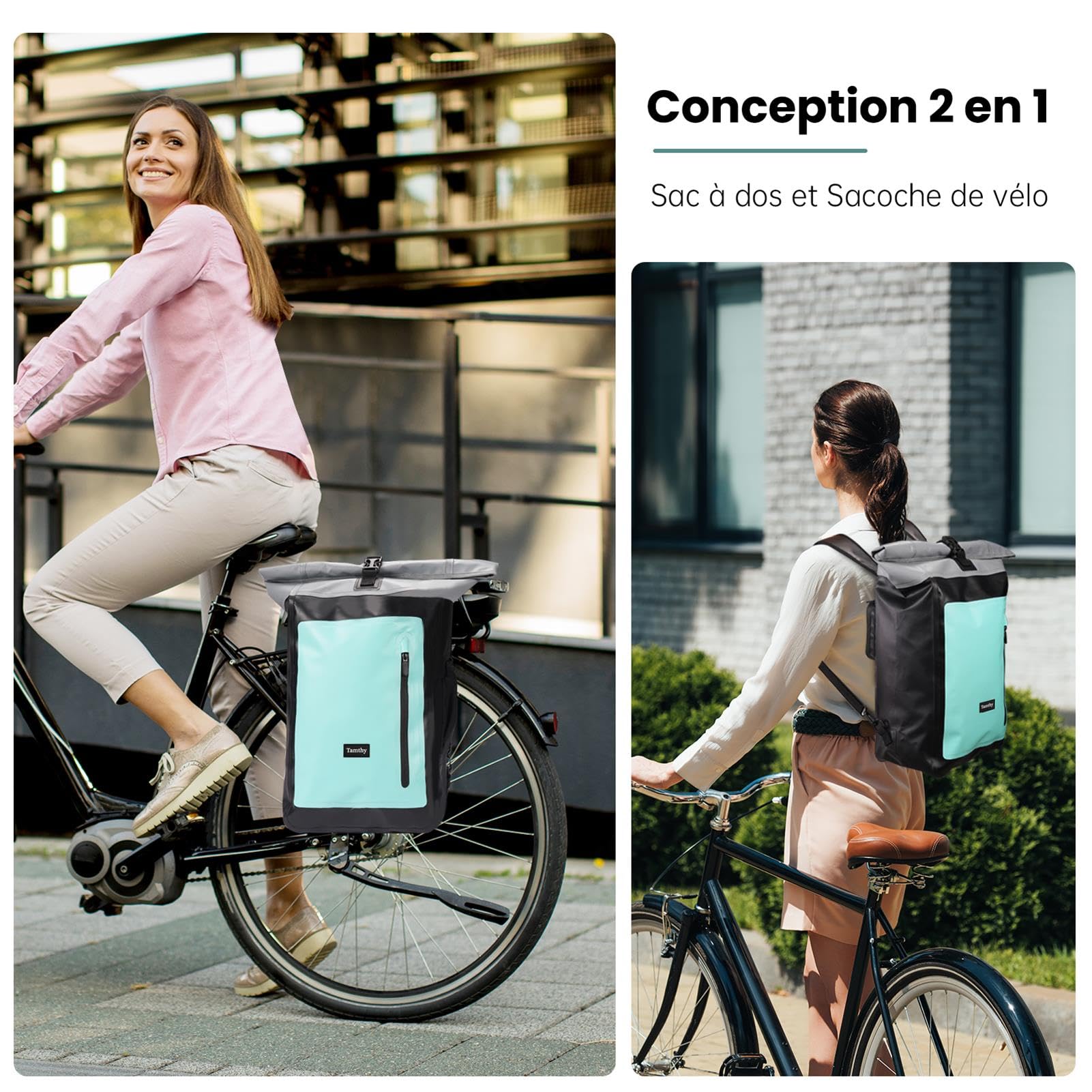 Sacoche Velo Porte Bagage Arriere 100% Imperméable avec Compartiment pour Ordinateur Portable 2 en 1 Sac à Dos & Sacoche Vélo Arriere pour Vélo, Déplacements Quotidiens, Voyages (Menthe, 28L)