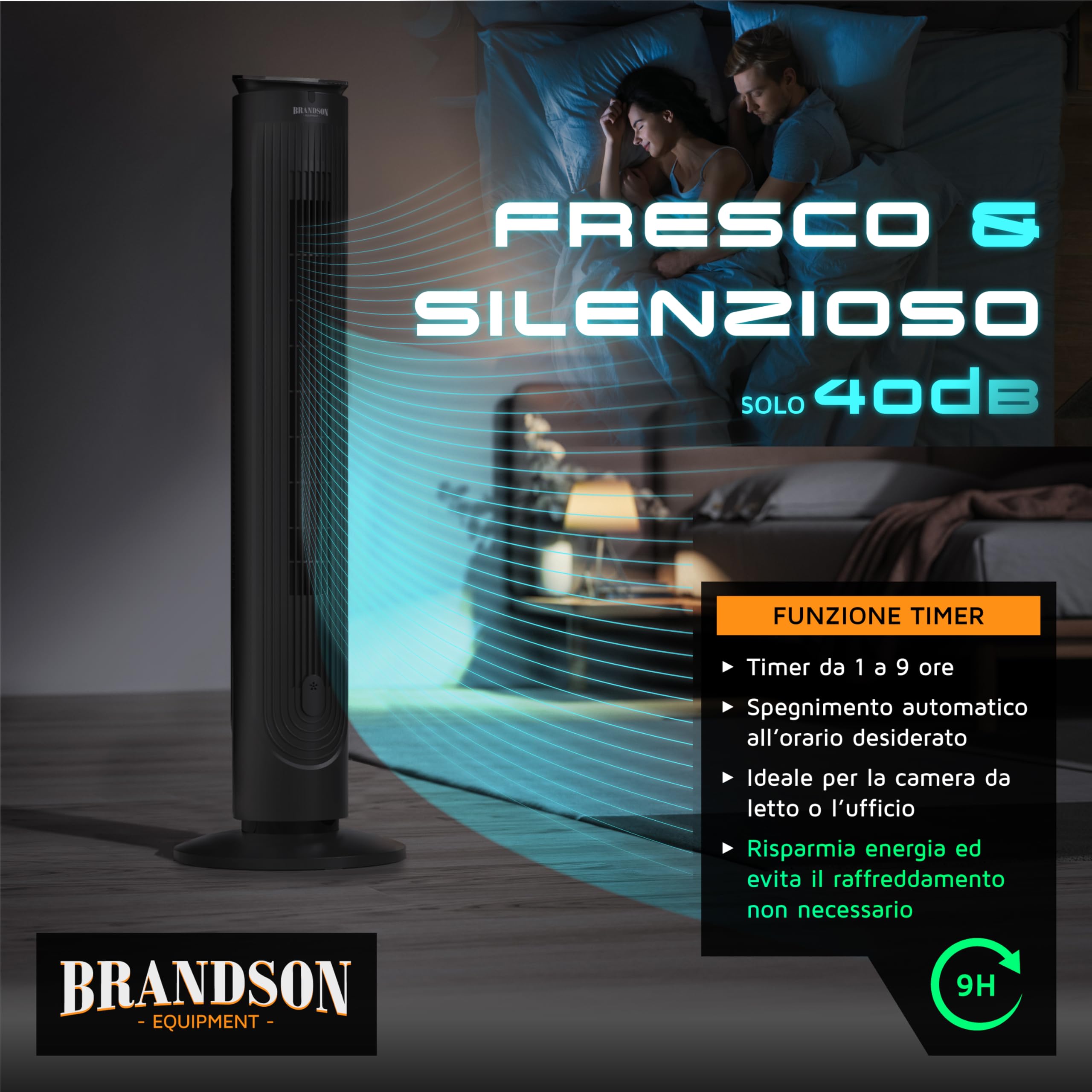 Brandson - Ventilatore a torre con telecomando - vano aroma - molto silenzioso - oscillazione - timer - 4 modalità - 5 livelli di velocità - indicatore LED - nero