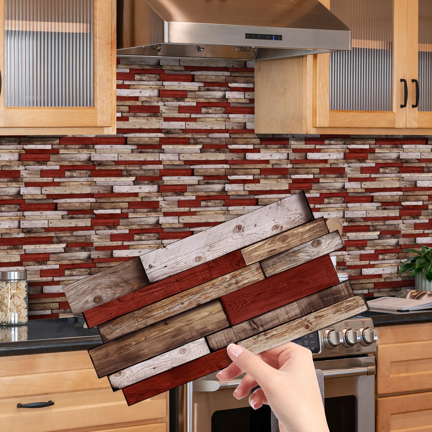 Piastrelle Adesive Cucina 12x24.6 cm Rosso Marrone Retro Piastrelle Adesive Bagno Mobili Decorazioni Pavimento Pvc Adesivo Mattonelle Adesive Impermeabile Piastrelle Adesive 48 Pezzi