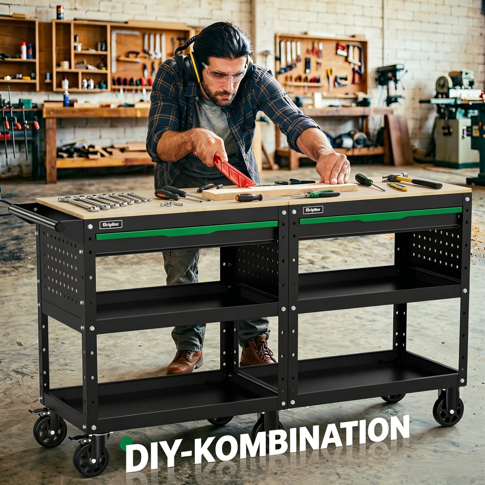 3-Tier Rolling Werkzeugwagen mit Schublade, Holzarbeitsplatte，150KG Tragfähigkeit,82 x 48 x 90cm für Lager Garage Garten Werkstatt
