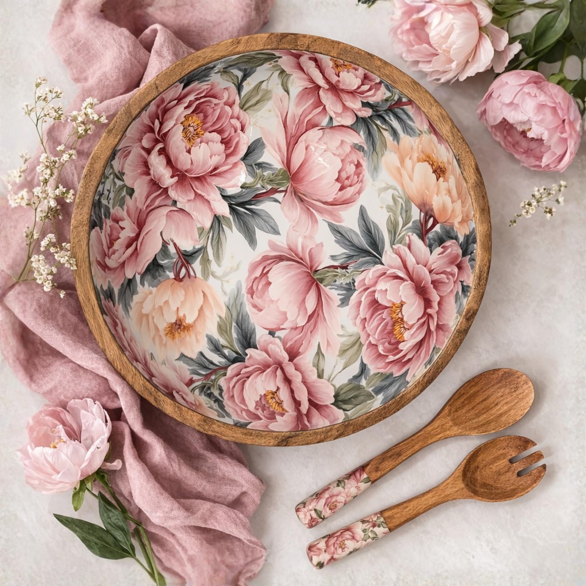 Salat-Set Salatschüssel & Salatbesteck mit Rosen-Design - Servierset aus Holz für Salat & Obst