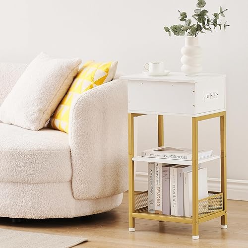 Miniatura 8 de Mesita de noche con estación de carga, mesas auxiliares con puertos USB y tomacorrientes, mesita de noche delgada con cajón deslizante y estante de