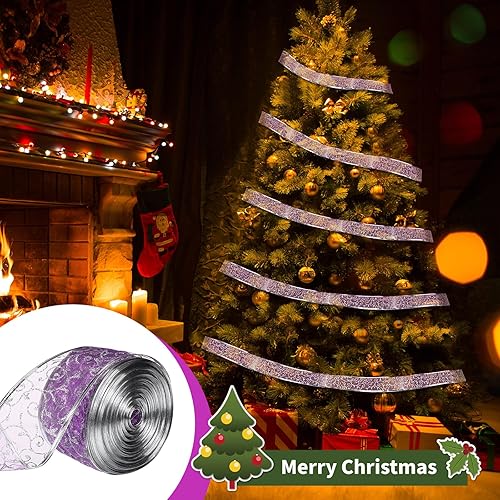 Miniatura 3 de WILLBOND 80 yardas, 2 rollos de cinta navideña con alambre de organza con purpurina para guirnalda de árbol de Navidad, cinta transparente en