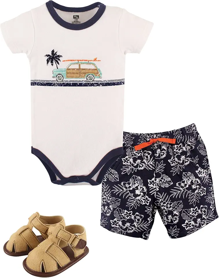 Hudson Baby Unisex Baby Cotton Bodysuit, Shorts and Shoe Set