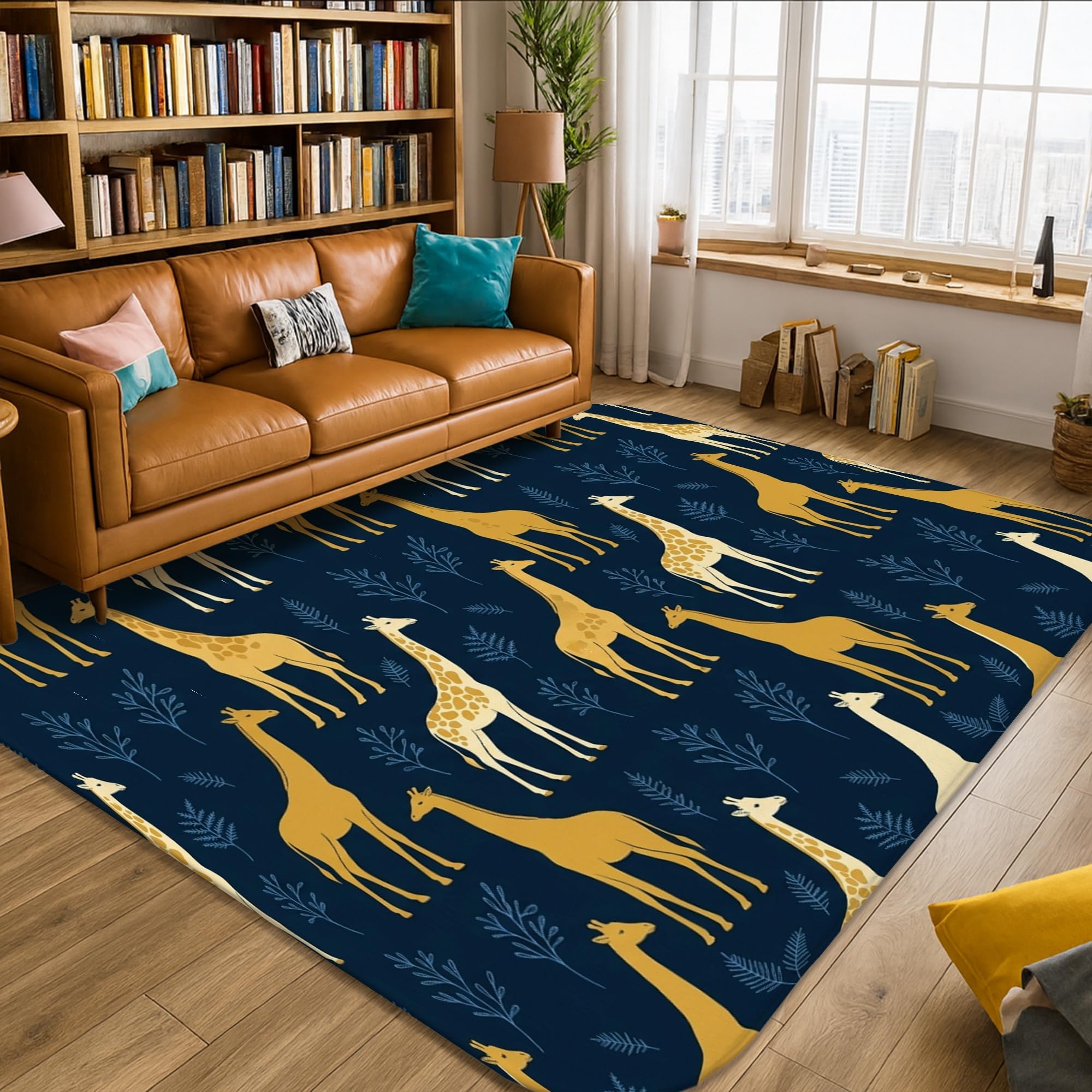 Alfombra de área de jirafa, diseño de hojas de animales naturales, sin esponja, de pelo bajo, suave, rectangular, resistente a las manchas, para sala de estar, dormitorio, debajo de la cama