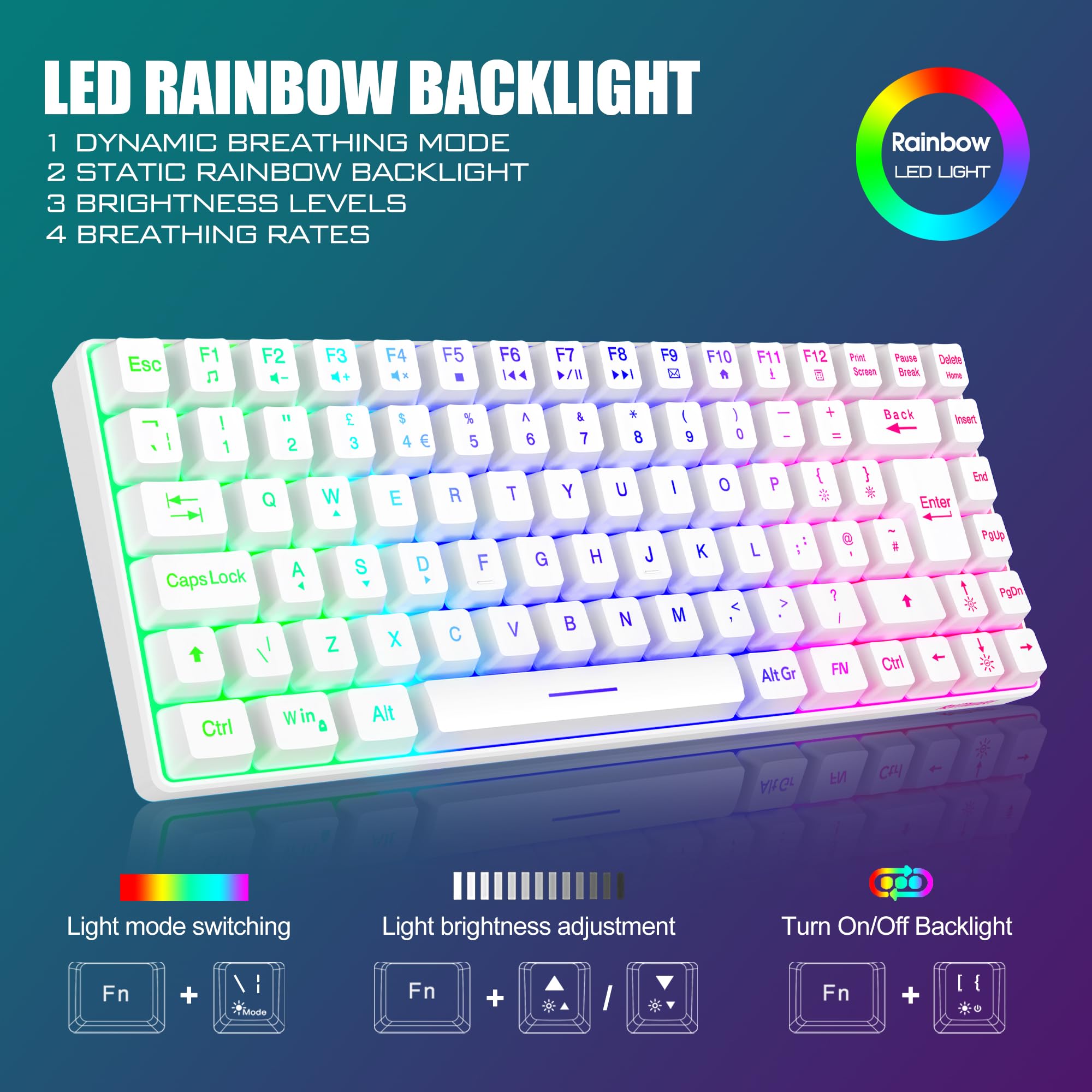 RedThunder K84 75% Wireless Gaming Keyboard and Mouse Rainbow Backlight UK Layout 85 Keys TKL Ultra Compact Mini Design Lightweight Honeycomb Gaming Mouse for PC Mac PS5 Xbox Office Gamers (White) — view 3