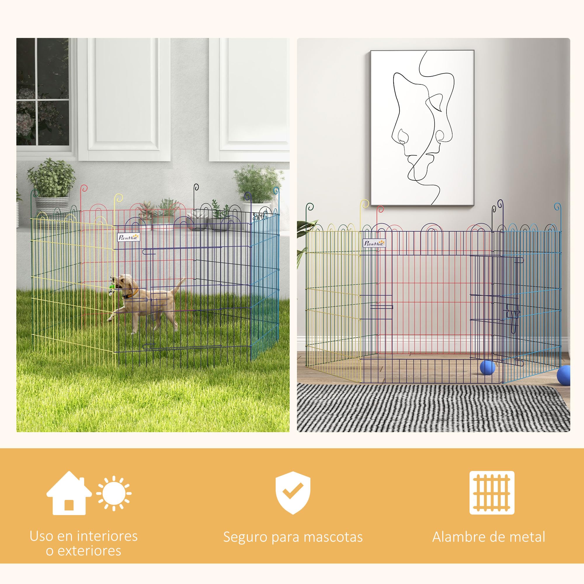 PawHut Parque Plegable para Perros de 6 Paneles, Ø120x60 cm, Valla Metálica para Cachorros, Conejos, Diseño DIY, con Puerta, Estacas, para Interior y Exterior, Multicolor