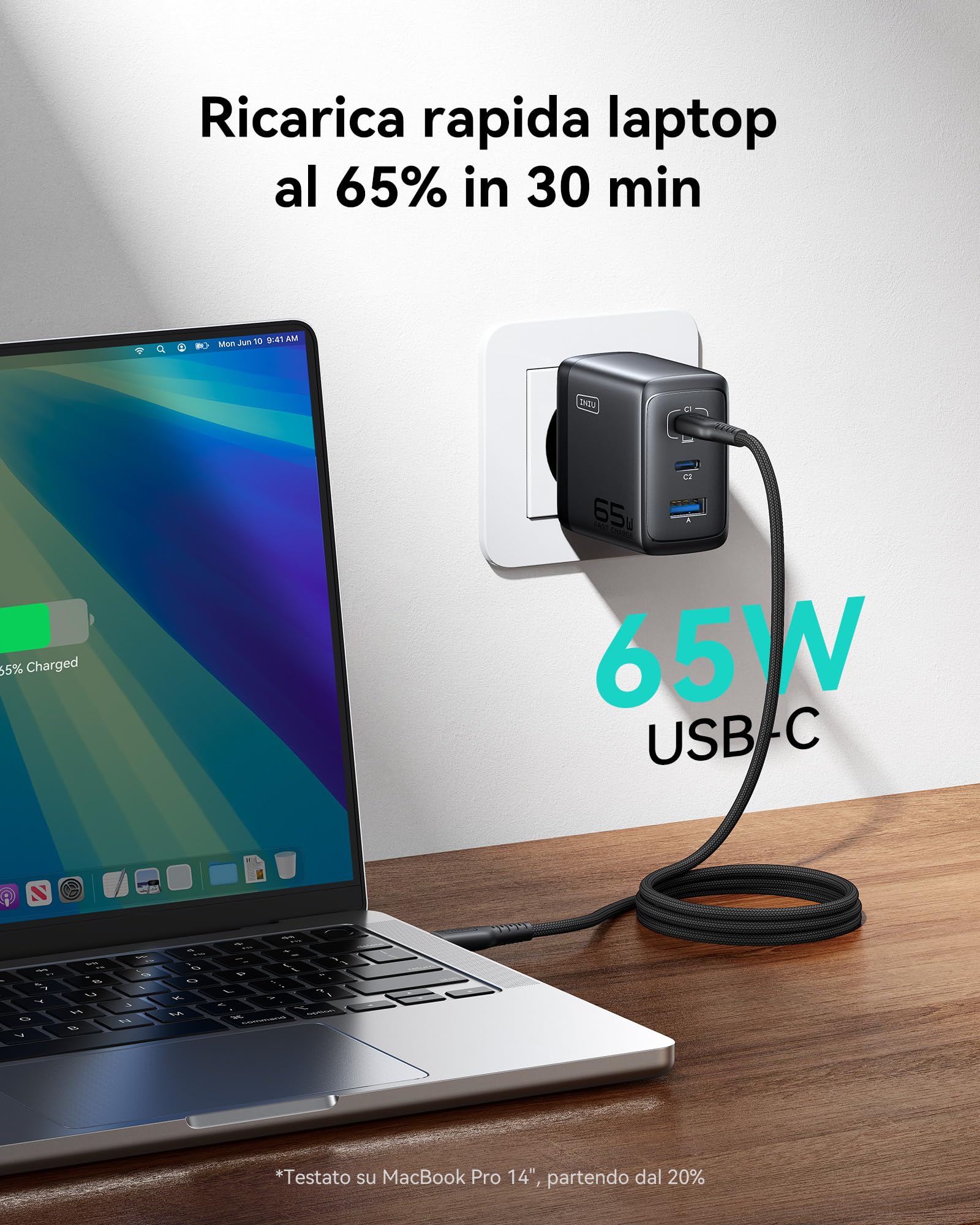 INIU 65W Caricatore USB C, 3-Porte Presa USB Multipla PD & QC per iPhone 16 15 Pro Max, iPad Pro, Samsung S25 S24 S23