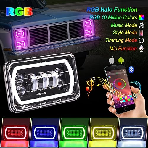 Miniatura 2 de Faros delanteros LED de 4 x 6 con halo blanco RGB modo de música, haz de sello reemplazar H4651 H4656 H4666 Faro LED rectangular para camión