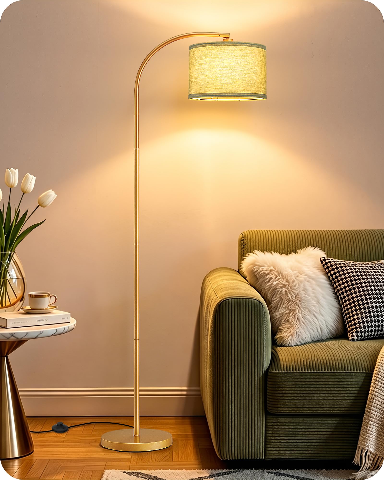 EDISHINE Lampada da Terra Soggiorno, Testa Orientabile, Verde Salvia & Oro | Struttura in Metallo & Paralume in Tessuto, Attacco E27, Lampadina LED 2700K Bianco Caldo Inclusa, per Camera da Letto