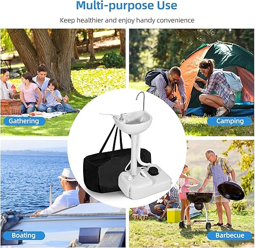 Miniatura 7 de YITAHOME Lavabo portátil para campamento con soporte de lavabo de 17 L y bolsa de transporte ruedas rodantes dispensador de jabón toallero para