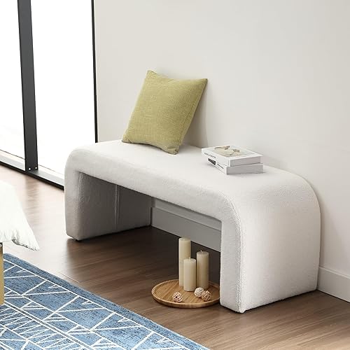 Miniatura 3 de Banco de piel sintética de 49.5 pulgadas, cómodo banco tapizado de tela de peluche, banco otomano para dormitorio, sala de estar, entrada, color