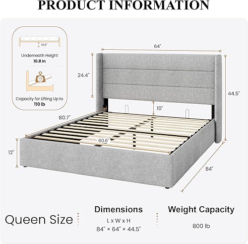 Miniatura 57 de SHA CERLIN Cama de Almacenamiento Elevable Tamaño King/Tapizada en Terciopelo/Cabecera Moderna con Respaldo de Ala/Marco de Cama Plataforma