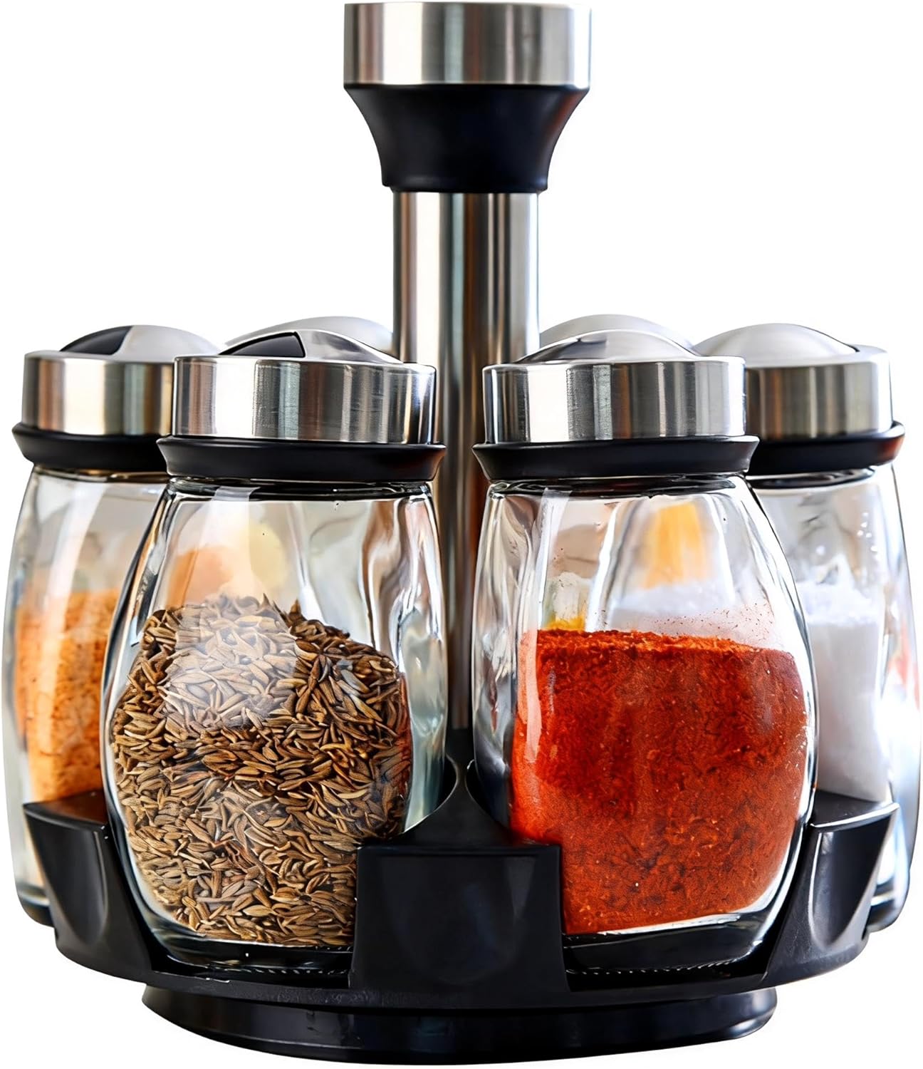 360° Rotating Spice Rack, 6PC Spinning Glass Spice Jars Suitable for kitchen countertops, spice storage, cooking, outdoor BBQ,(Spices Not Included)