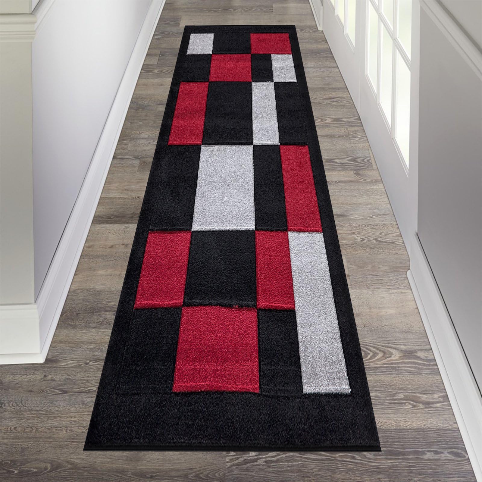 renoazul® Carpet Runner for Hallways, Kitchen, Living Room and Bedroom, 80 x 300 cm, Black Red, Washable Durable Squared Design Carpet Runner — image 1
