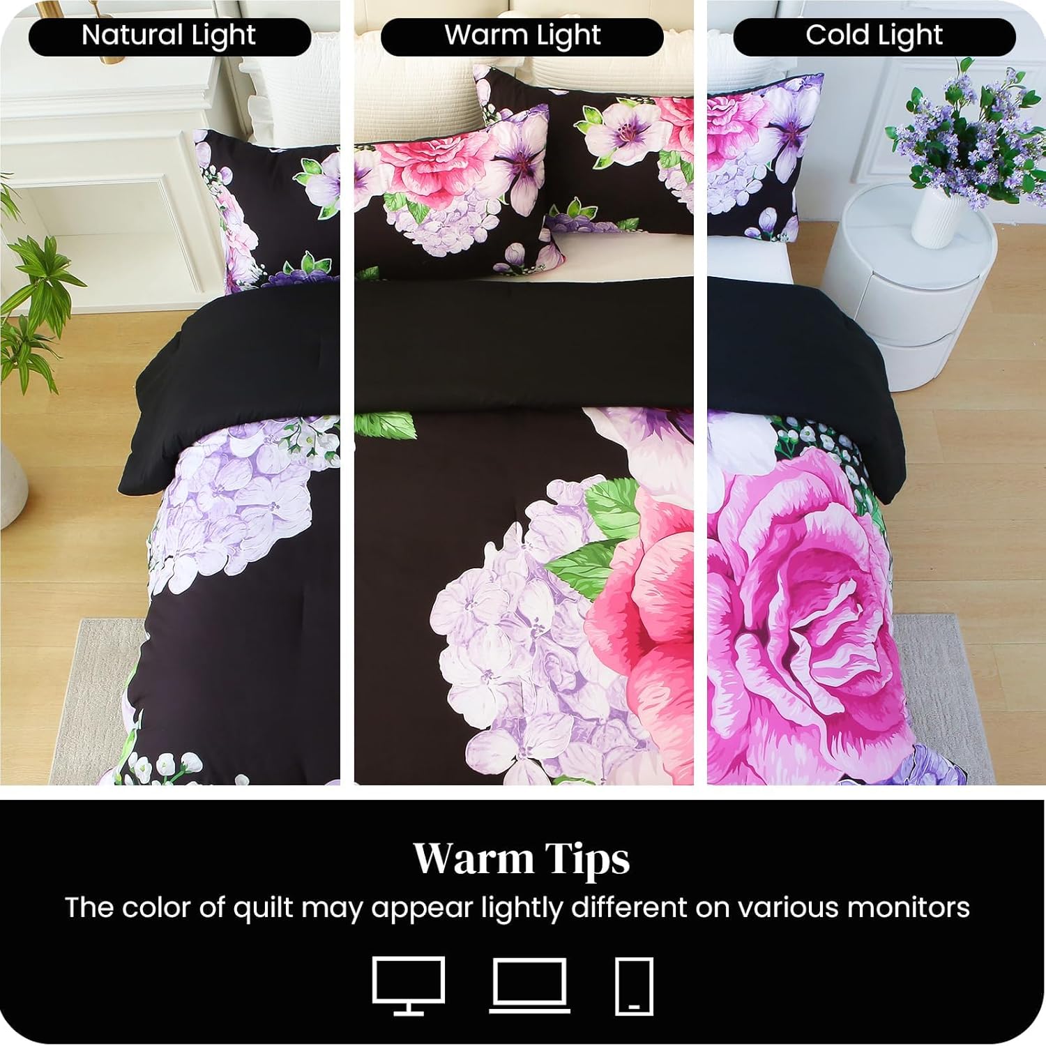 Floral Comforter Set King Size, 3 Pieces Elegant Black Floral Bed in a Bag, Soft Microfiber Botanical Flower Bedding Set with 2 Pillowcases for All Season 104"×90" - Image 6
