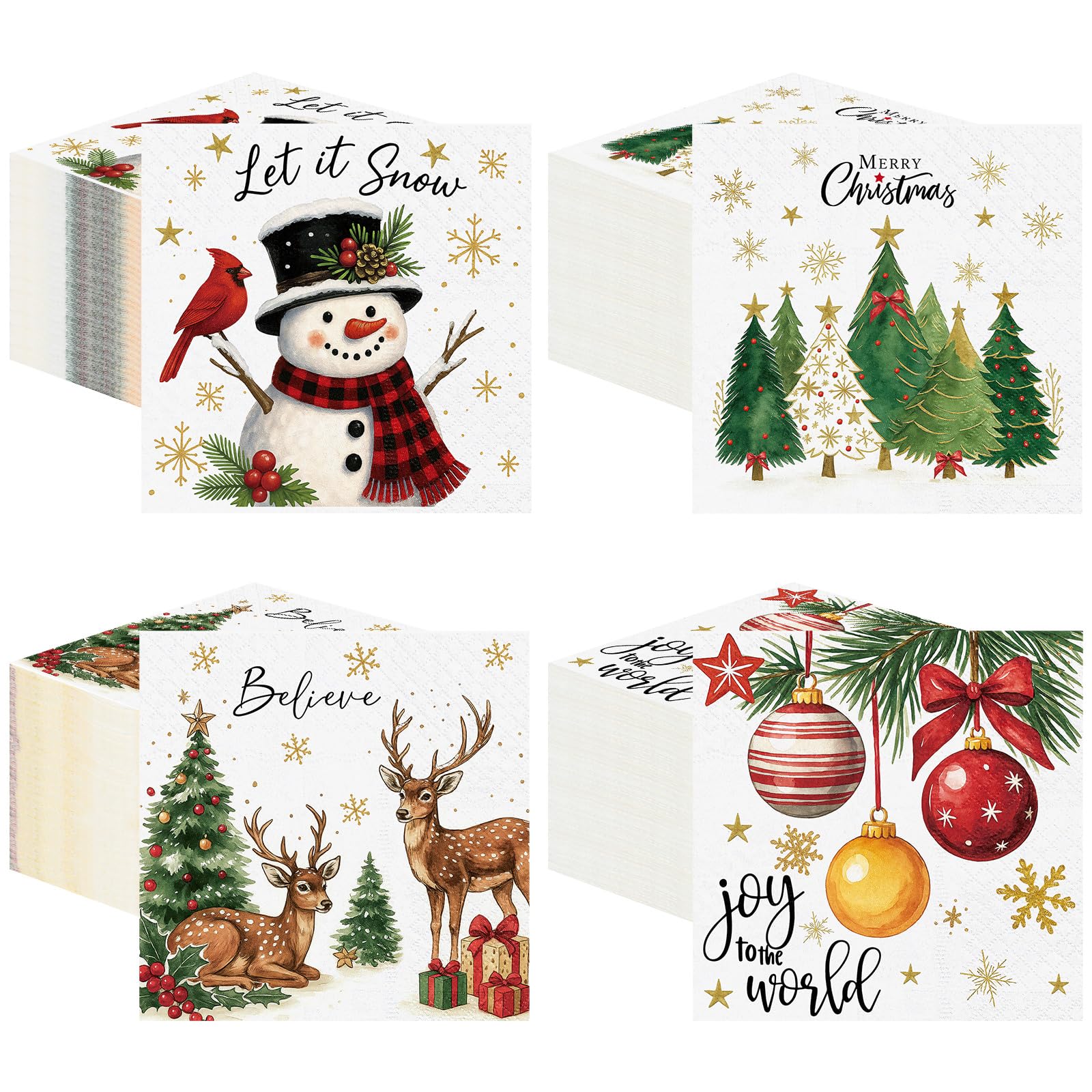 200 Pcs Christmas Napkins, Guest Paper Napkins for Decoupage, 4 Style