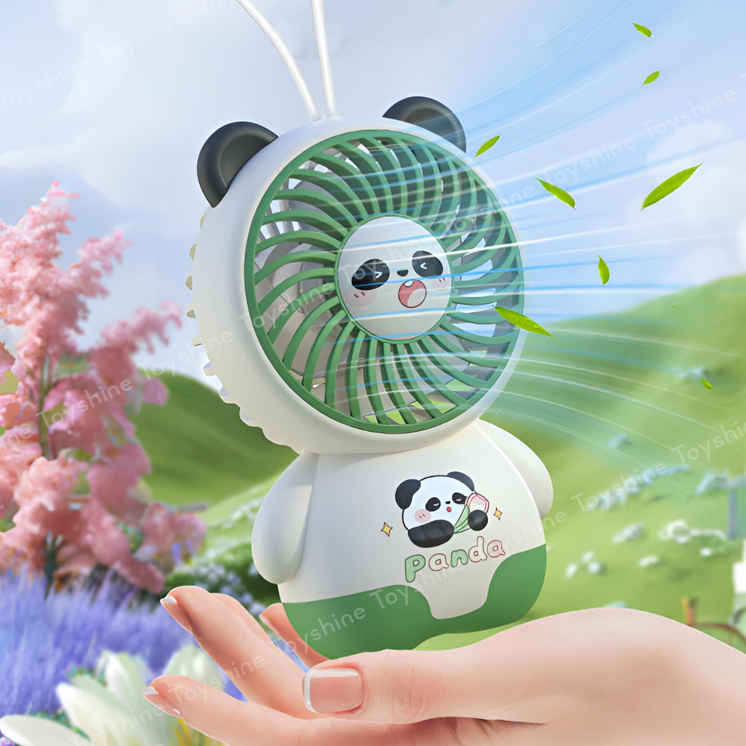 Toyshine Cute Jolly Panda Design Mini Portable Rechargeable Handheld Personal Short Handle Small Desk Fan with 3 speed Airflow For Travel/Office/Desktop Kids Girls indoor Outdoor use-image-17