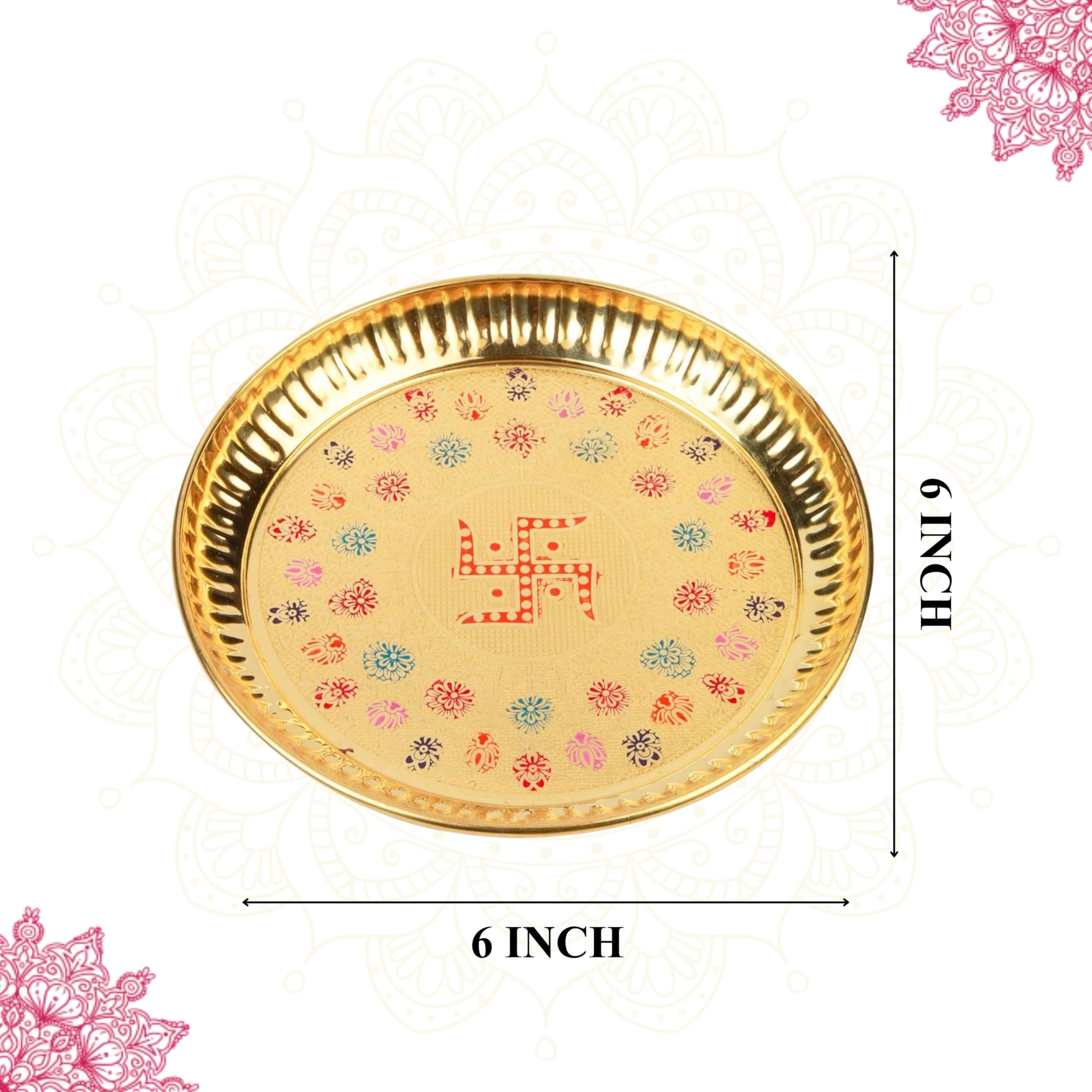 Klassic 6 Inch Pure Brass Swastik Design Puja Thali | Floral Embossed Brass Aarti Plate for Roli Chawal, Kumkum Haldi & Prasad | Mandir Pooja Thali for Home, Office, Diwali & Gifting 1