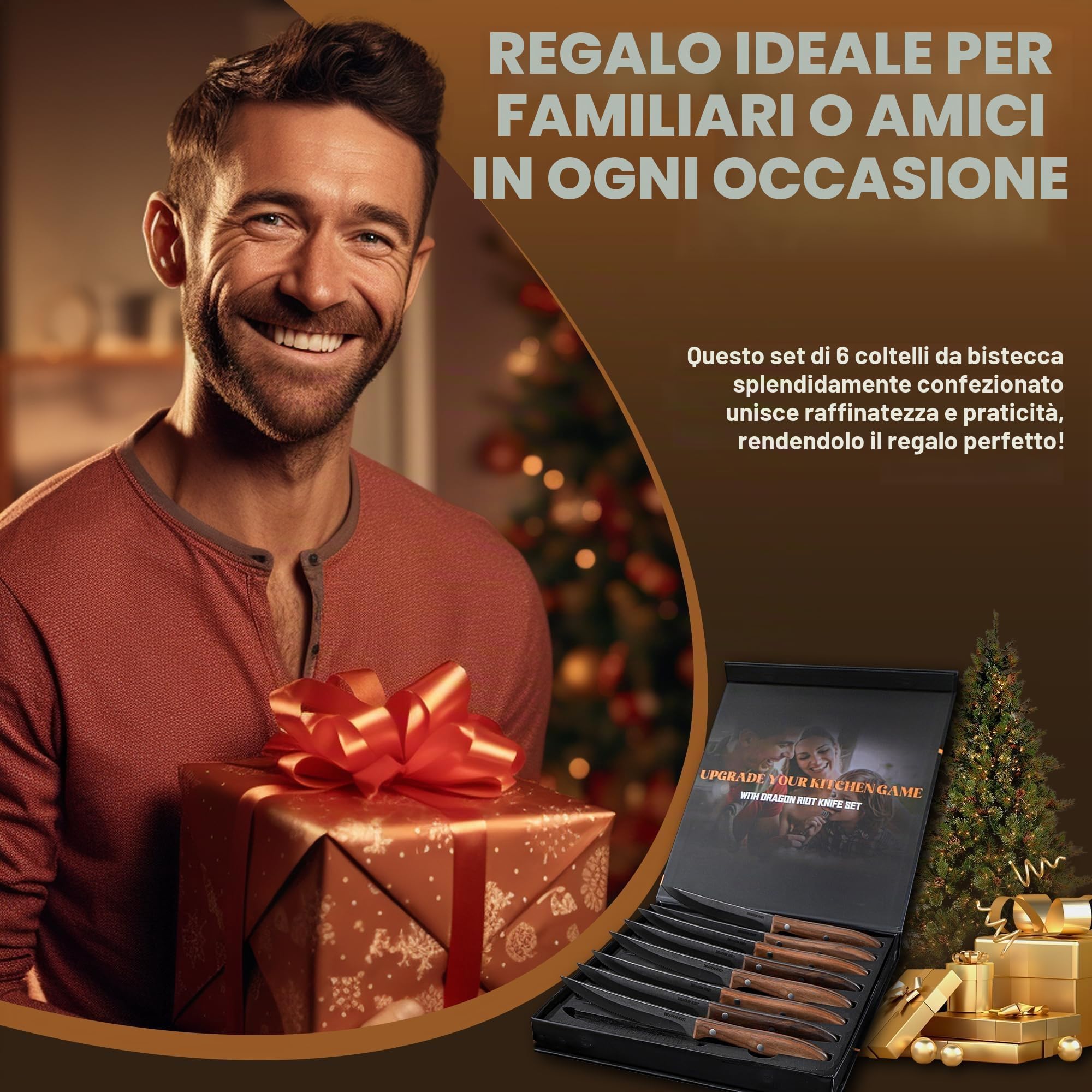 DRAGON RIOT Set Di 8 Coltelli Da Bistecca, Coltelli Da Carne Con Manico In Legno, Set Di Coltelli Da Tavola Con Confezione Regalo