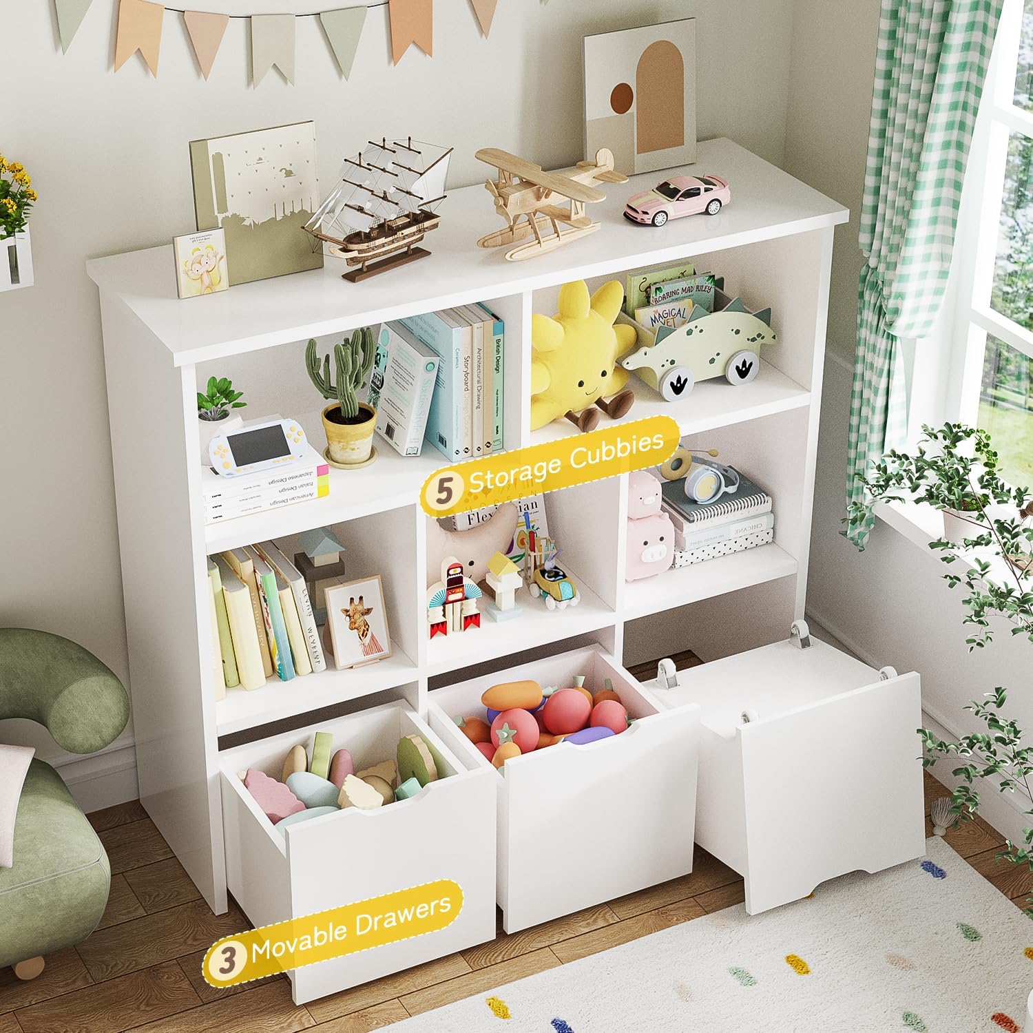 Teckid Kids Bookshelf and Toy Storage, Toy Organizer with 3 Movable Drawers and 5 Open Cubbies, Toy Storage with Hidden Wheels, Kids Toy Storage Organizer for Playroom, White