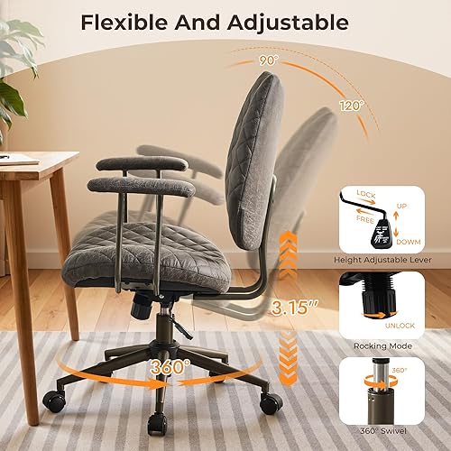 Miniatura 4 de Silla de oficina moderna Mid-Century Silla de escritorio ejecutiva ergonómica con soporte lumbar, silla giratoria reclinable de cuero de ante con