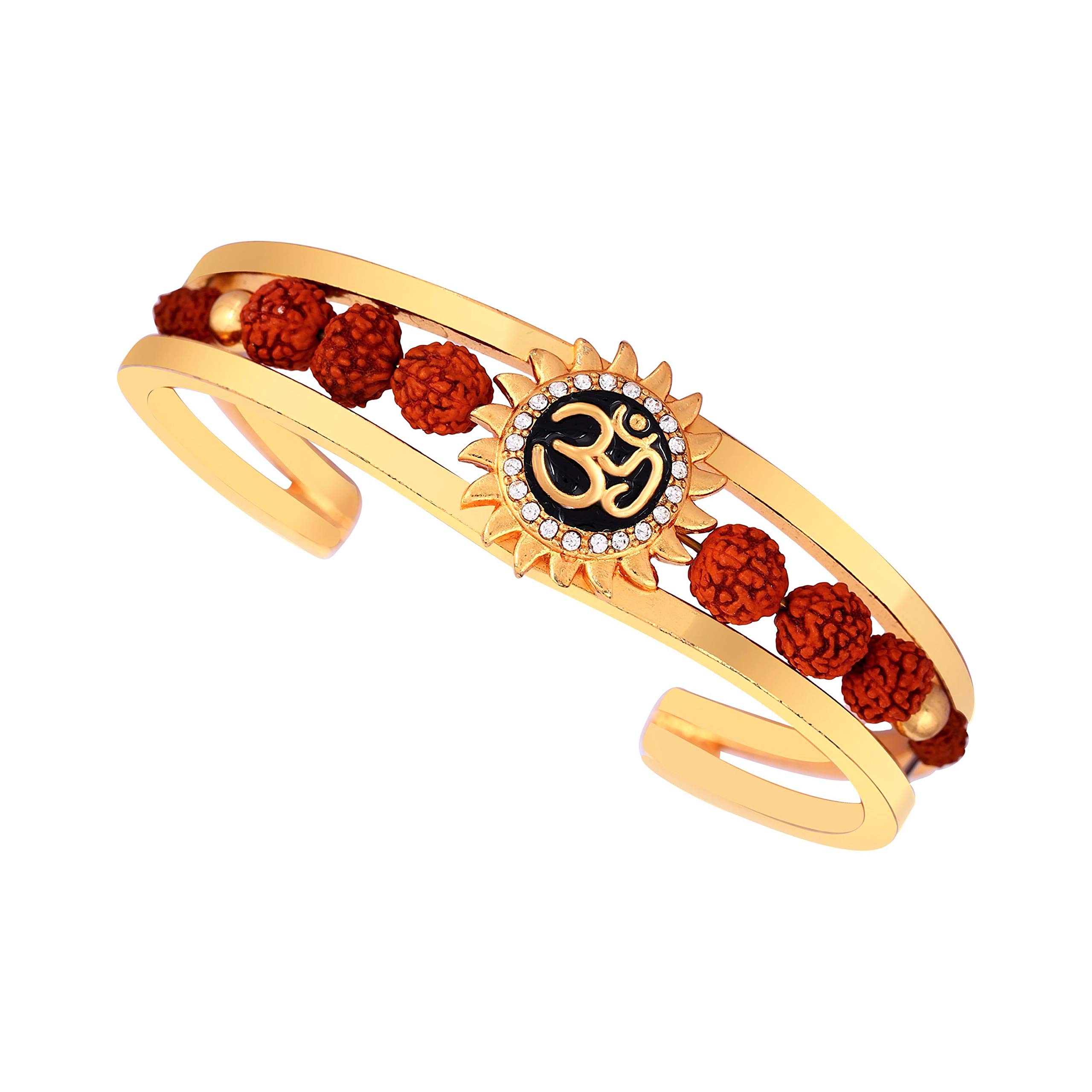 MEENAZ Rudraksha Kadas American Diamond Gold Plated Meena Om Sun Cuff Kada Bracelet for Men-BR-M101