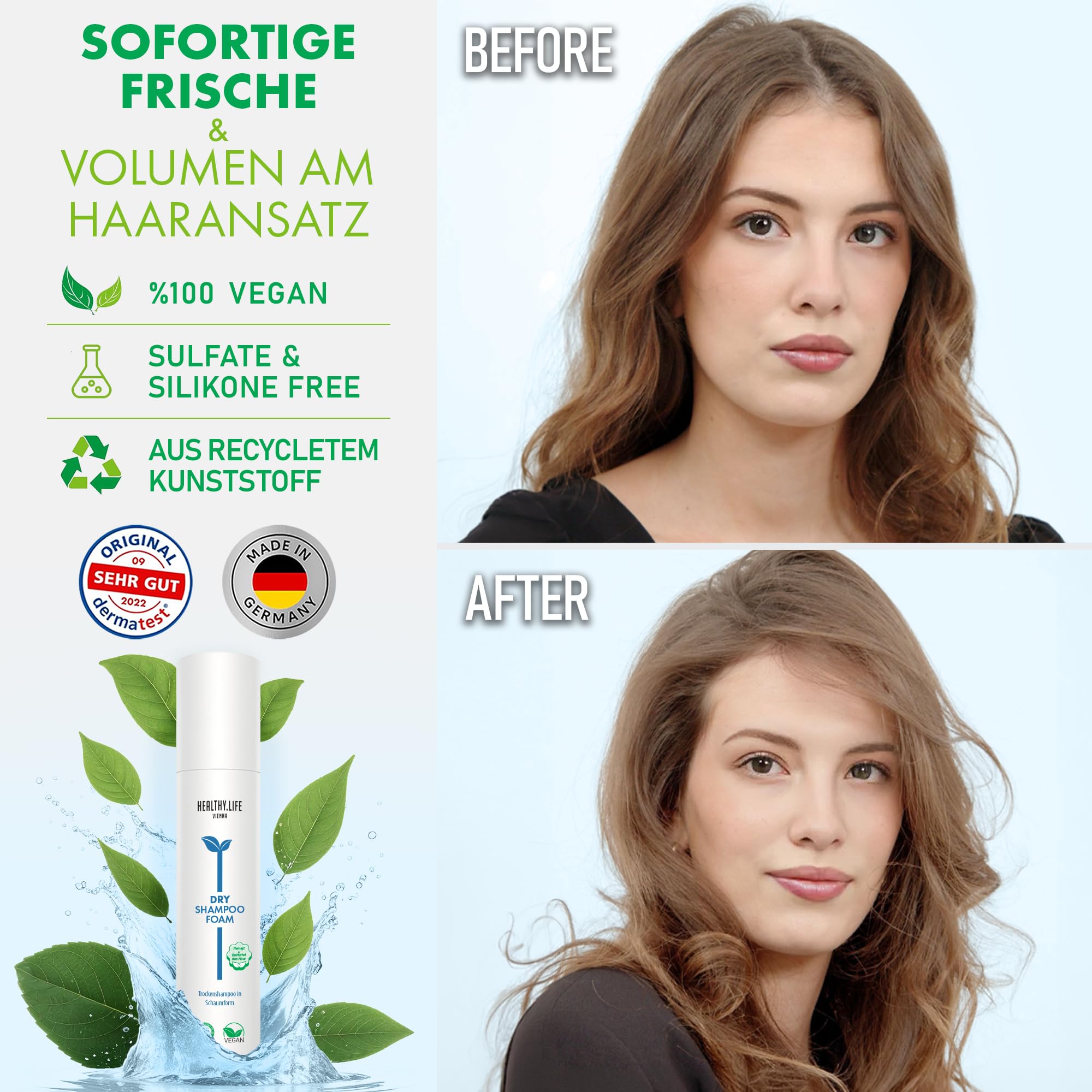 HLV - Dry Foam Shampoo | Frisches Haar & Volumen | Entfettet die Haare | VEGAN, Schnelle Haarpflege, Trockenshampoo Schaum | Ohne Sulfate & Silikone | Geeignet für Alle Haartypen & Haarfarben, 200 ml