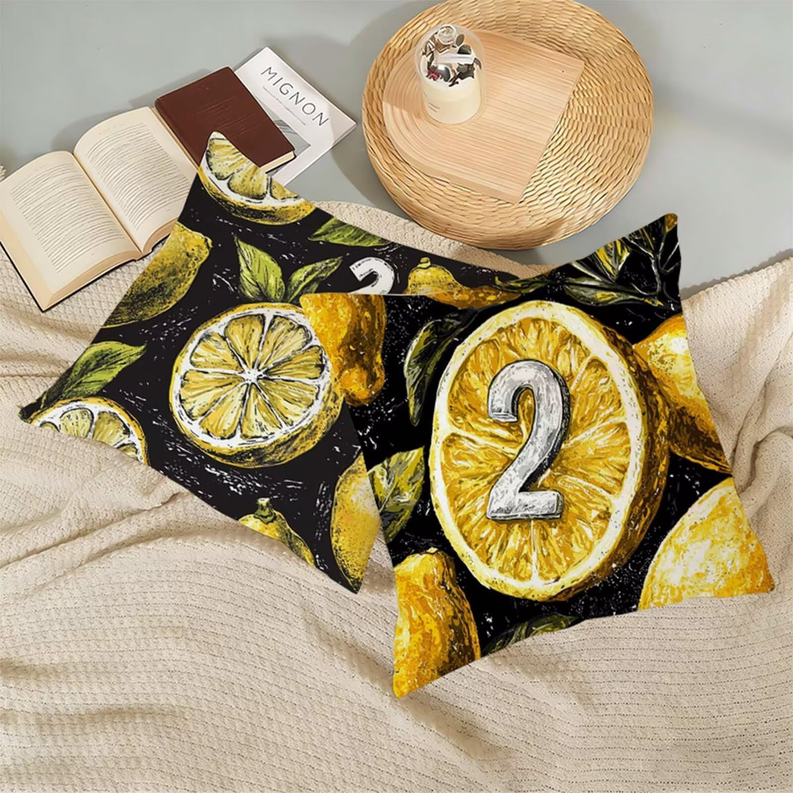 Housse Coussin 80x80 Jaune Lot de 2, Fruit Housse de Coussin Lin, Doux Confort Taies d'oreiller Imperméable Extérieur, Fermeture Éclair, Lavable en Machine, Canapé, Chambre, Fauteuil, Exterieur X-710