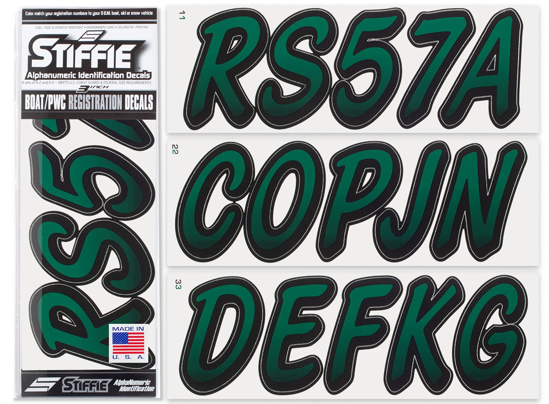 STIFFIE Whipline Racing Green/Black 3" Boat &amp; PWC Registration Decals • Numbers Letters Stickers