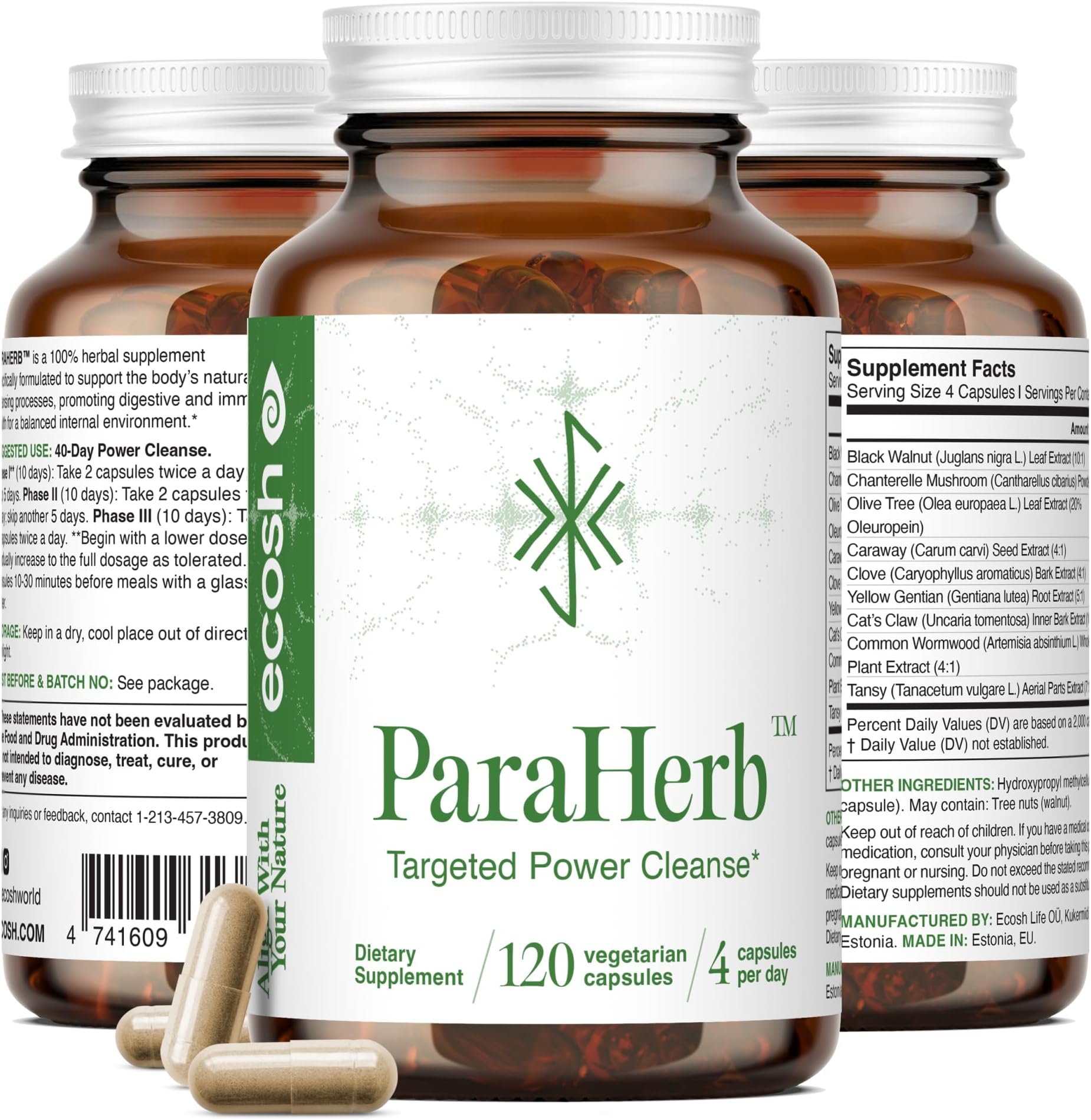 Ecosh ParaHerb™ Wormwood, Black Walnut, Clove & Chanterelle Extract Intestinal Cleanse – Herbal Support for Gut Detox & Digestion | Vegan, Non-GMO, No Fillers | 120 Capsules for Adults