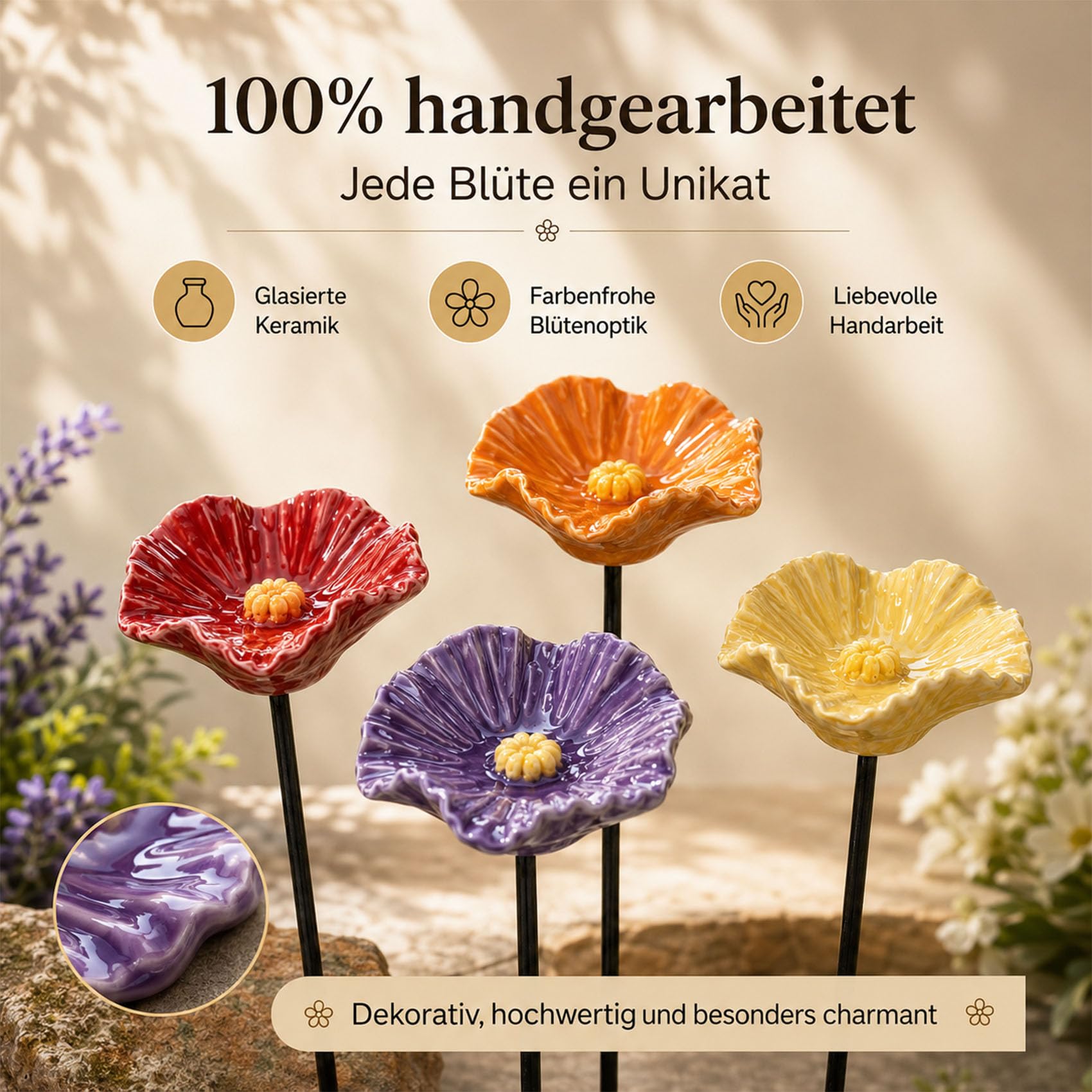Bienentränke Keramik Blume 4/8/12 Stück, Bienenblüten Keramik als Insektentränke mit Stab, 27 cm Gartenstecker wetterfest für Garten, Balkon, Blumentopf & Deko (4 Blüten)