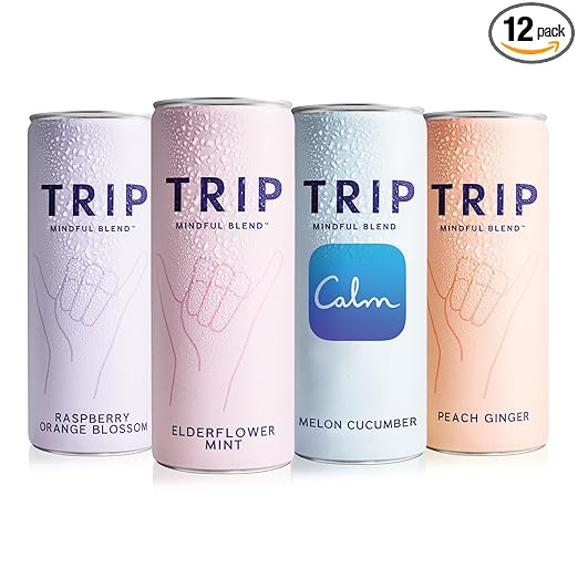 Trip Mindful Blend, Lightly Sparkling Adaptogen Seltzer, Mocktail w/ 120mg Magnesium Citrate with Ashwagandha, Lions Mane & L Theanine, No Added Sugar, Vegan, Variety Pack, 12 Oz, 12Pk