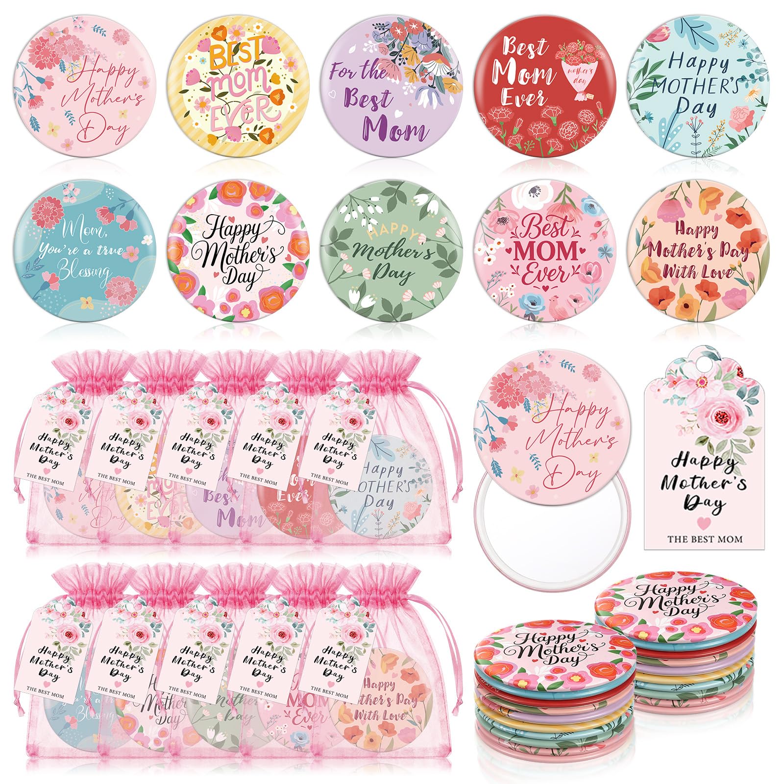 Landical 20 Sets Mother's Day Mirror Gifts Bulk Mini Compact Mirrors Small Thank You Mom Gifts 2.76 Inch Portable Round Pocket Makeup Mirror for Mothers, Women, Coworkers, Mother's Day Party Favors