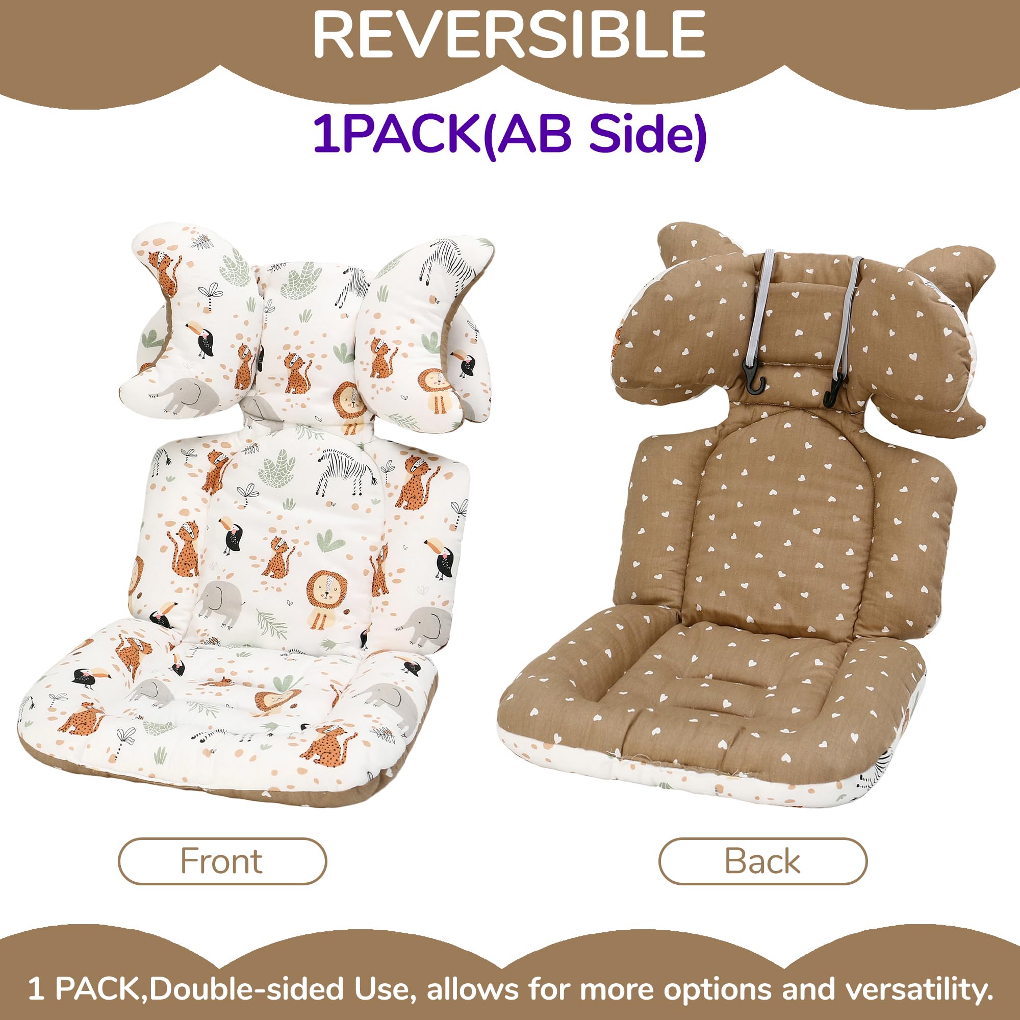 LAT Coussin Poussette Universelle, Réversible Coussin de Siège pour Poussette, Respirant Matelas Poussette Universelle, Reducteur Siege Auto Bebe Universel avec Appuie-tête Amovible (Animaux)