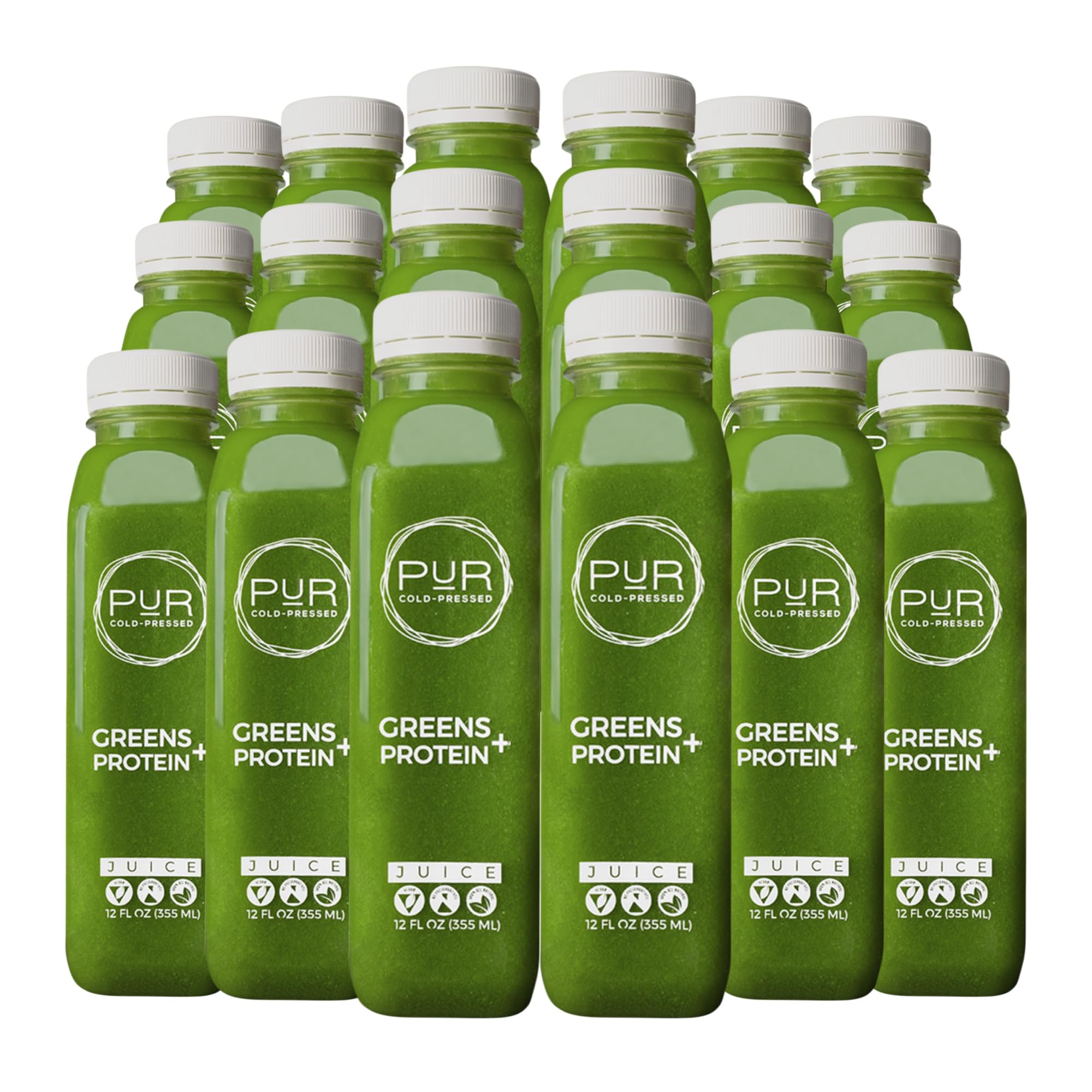 PUR Cold-Pressed Juice – Green Juice Daily Protein 18 Pack – Plant-Based Drink with Cucumber, Spinach, Celery, Apple, Lemon & Pea Protein – Energizing