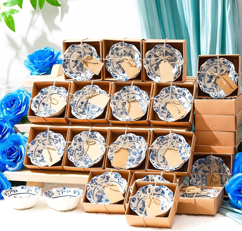 SiliFine 24 Pcs Wedding Favors for Guests Small Ceramic Bowls, Flower, Blue | 3.3 Inch Mini Sauce Dishes with Box Card, Floral Design Return Gifts for Bridal Shower Baby Shower Birthday Party Pooja