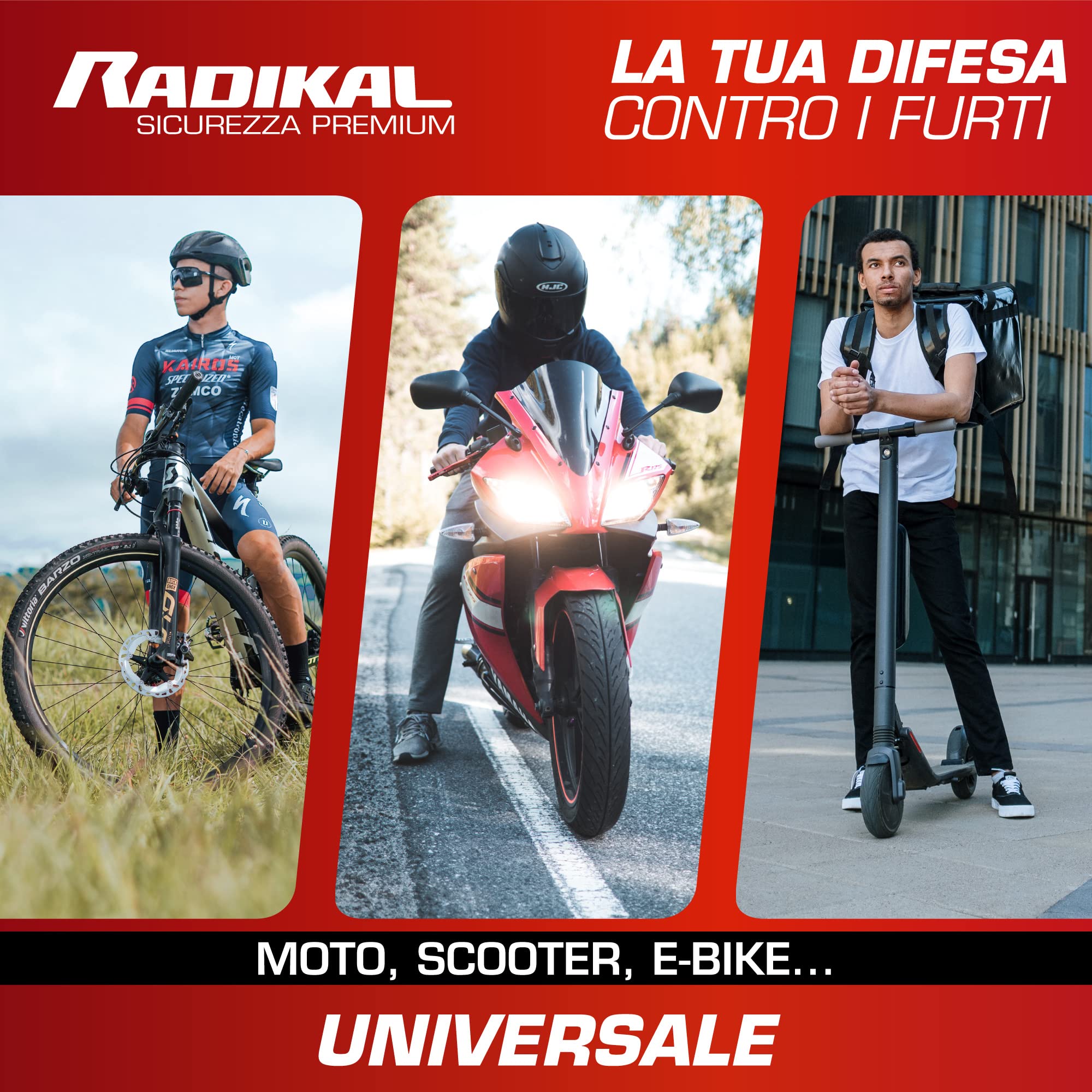 RADIKAL RK6 Bloccadisco Moto Allarme Hi-Tech 120db ON/OFF, Led Warning, Sensibilità A+, Sostituibile, Impermeabile, Batteria CR2 lunga durata, Lucchetto Moto Antifurto Sonoro Universale bici elettrica
