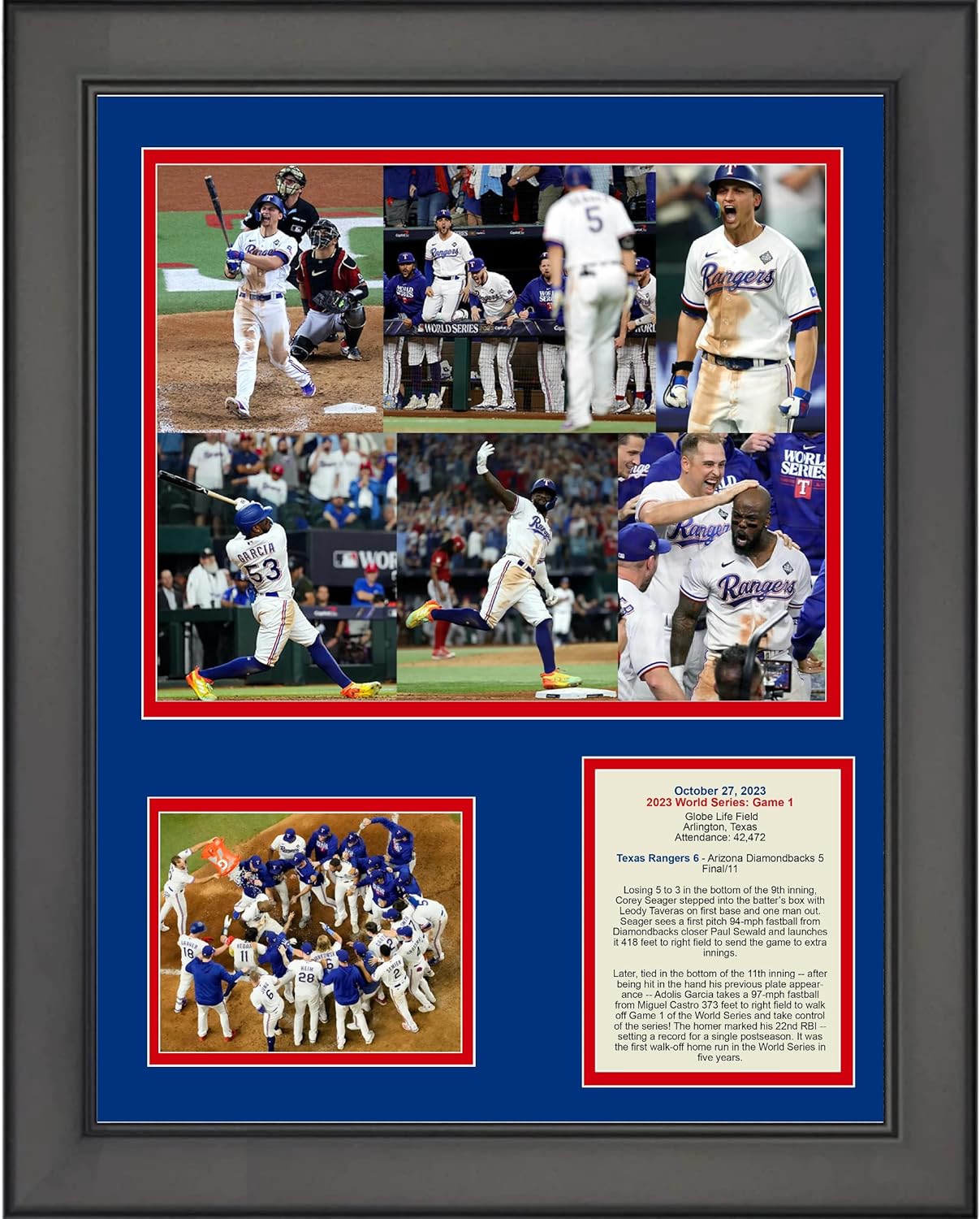 Framed Texas Rangers 2023 World Series Game 1 Corey Seager Adolis Garcia Home Run 11"x14" Three Photo Collage