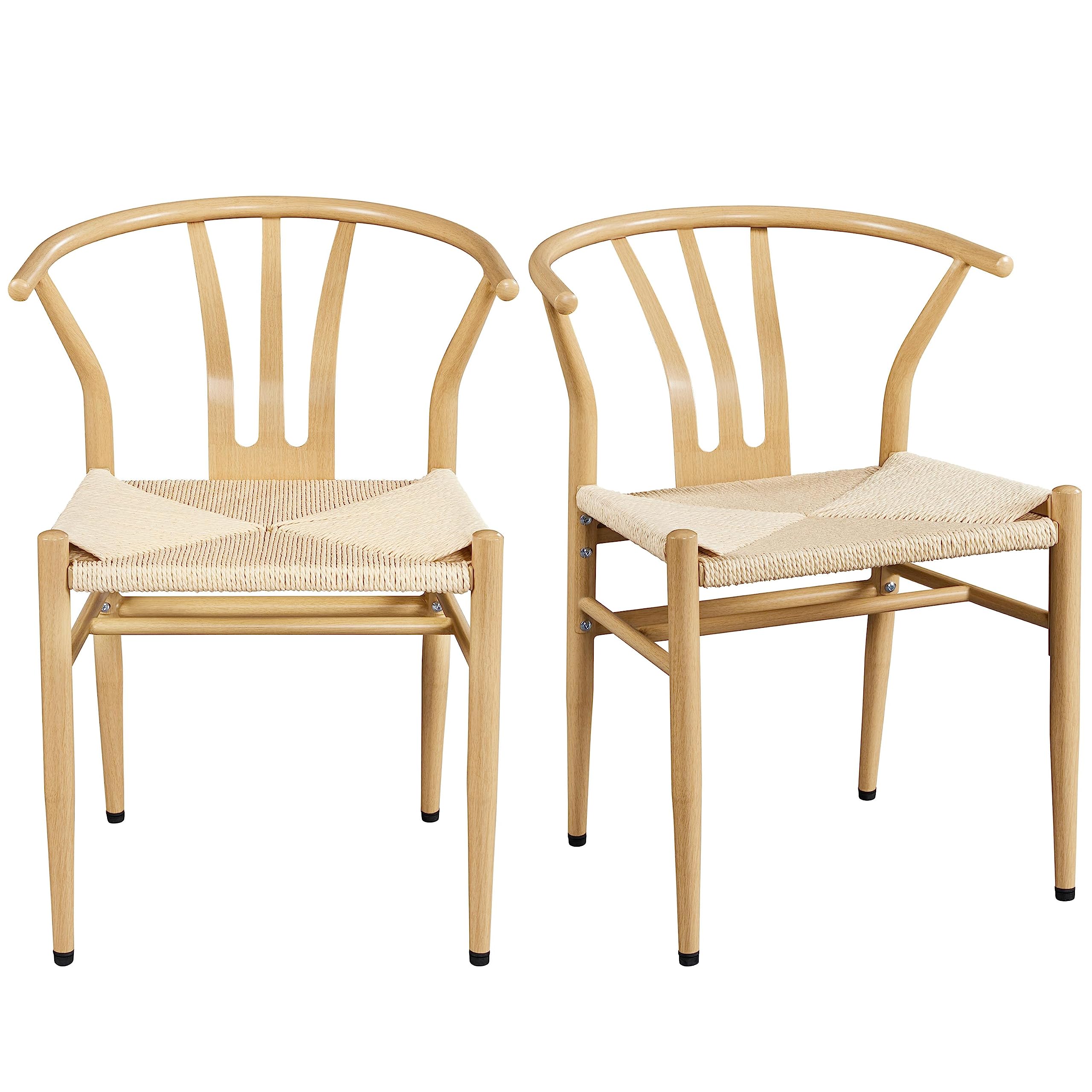 Yaheetech Weave Dining Chair Rattan Chair Metal Armchairs Hemp Seat for Kitchen, Dining, Living Room Set of 2, Wood Color