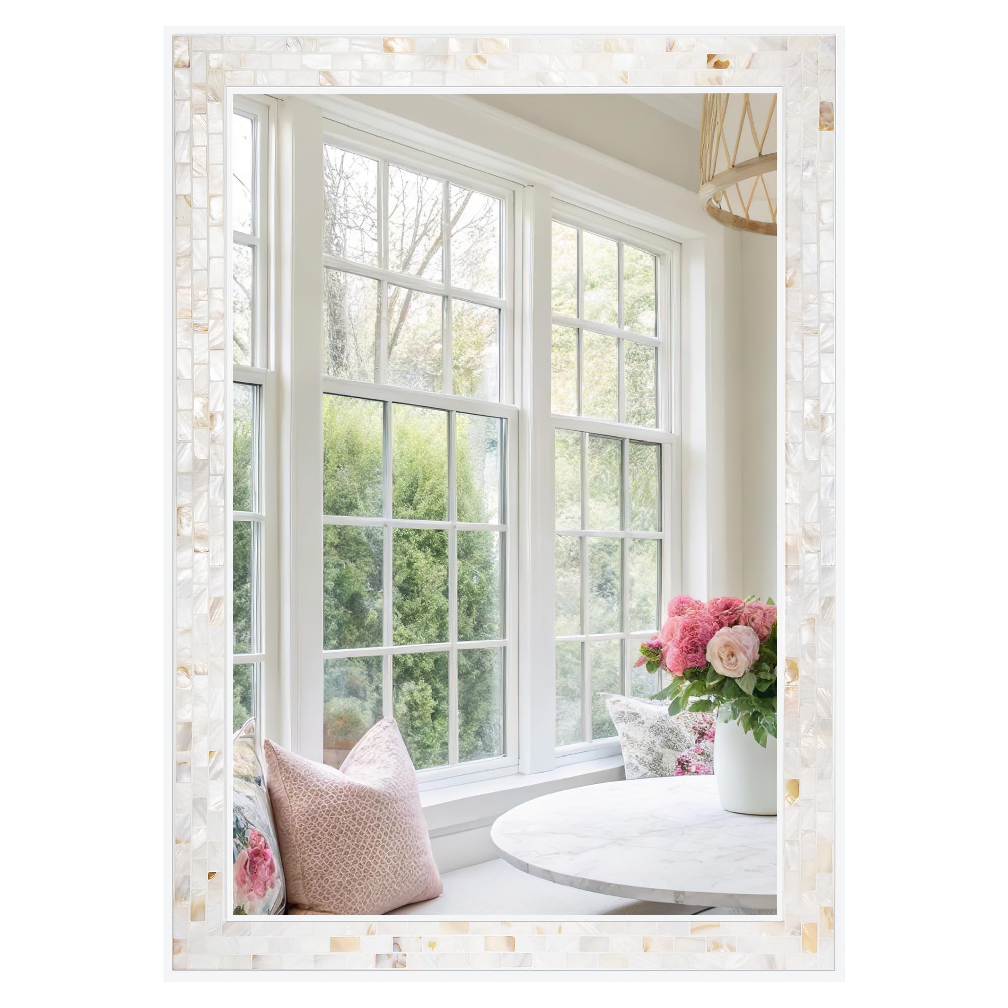 Mosaic Bathroom Mirrors for Wall 24x36 Inch, Natural Mother of Pearl Inlay White Framed Rectangle Mirror with Tempered Glassfor Bathroom, Bedroom or Entryway