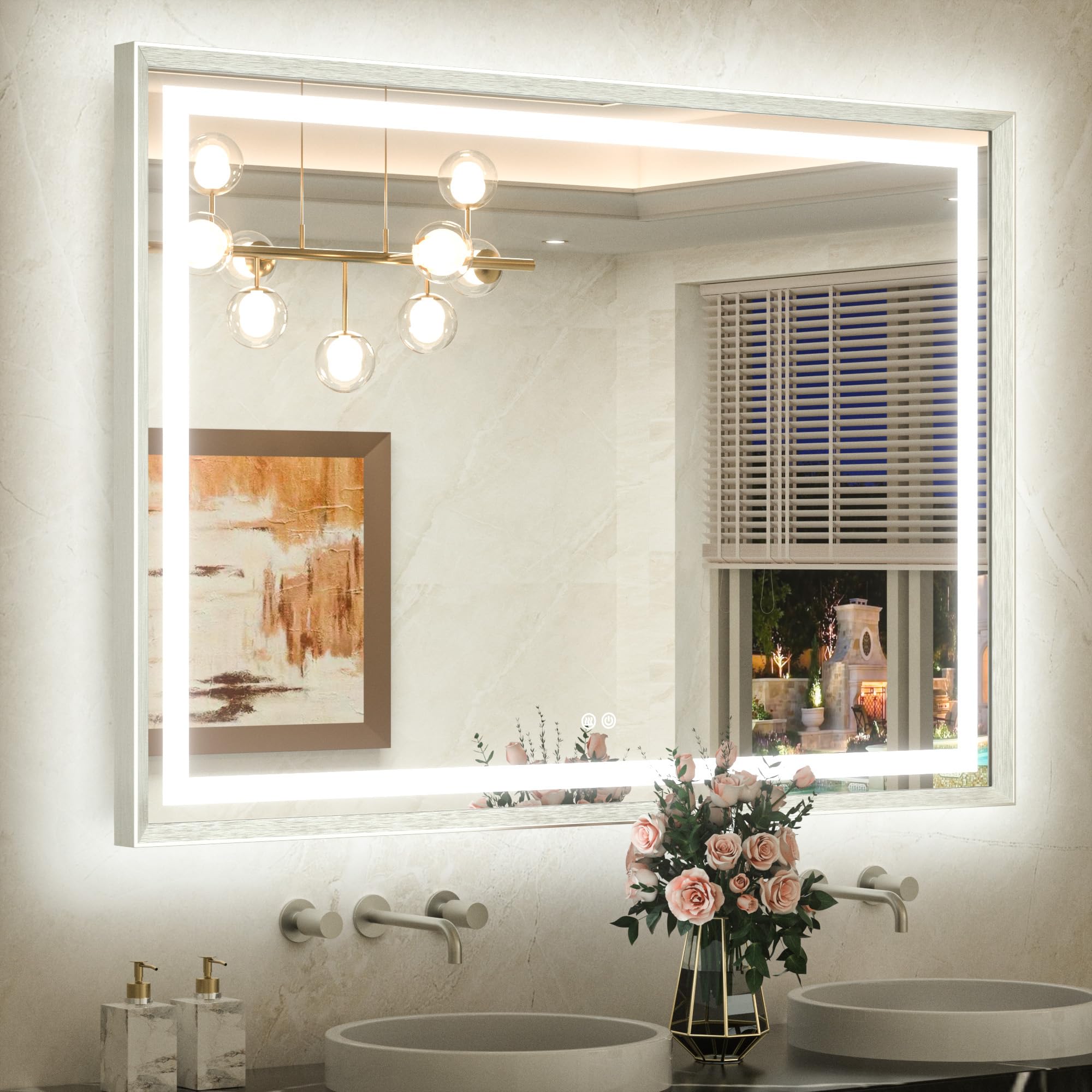TETOTE 48 x 36 Bathroom LED Mirror Brushed Nickel Metal Frame Frontlit &amp; Backlit Vanity Mirror Stepless Dimmable Anti-Fog 3 Colors White/Warm/Natural Light up Vanity Mirror Wall-Mounted