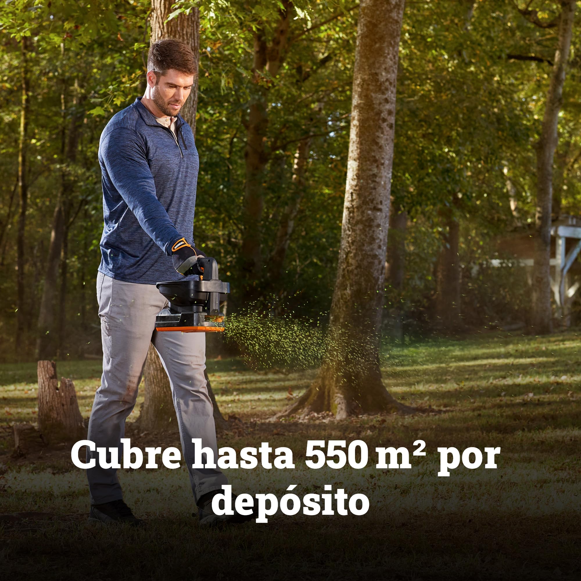 WORX WG869E.9 Esparcidor Universal 20V, Ancho 5m, sin Batería | Ancho esparcimiento 5m, depósito 3,3L, hasta 550m² por llenado, flujo ajustable, fertilizantes y sal antihielo