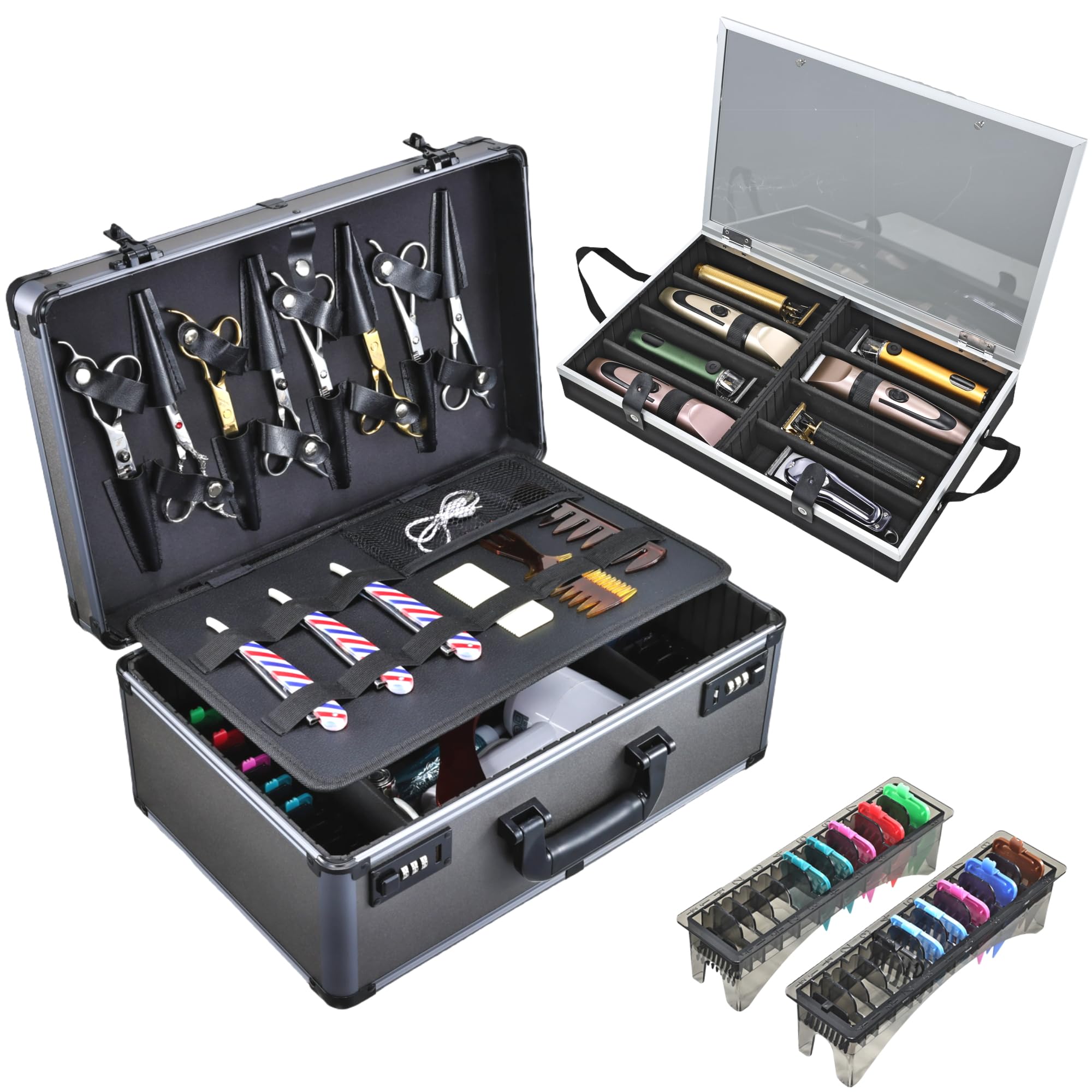 Yueieoun Professional Barber Case - Portable Barber Tool Case Hair Clipper Organizer with Combo Locks, Detachable Trays for Clippers, Shears, Razors, Trimmers - Secure Storage for Barbershop or Travel